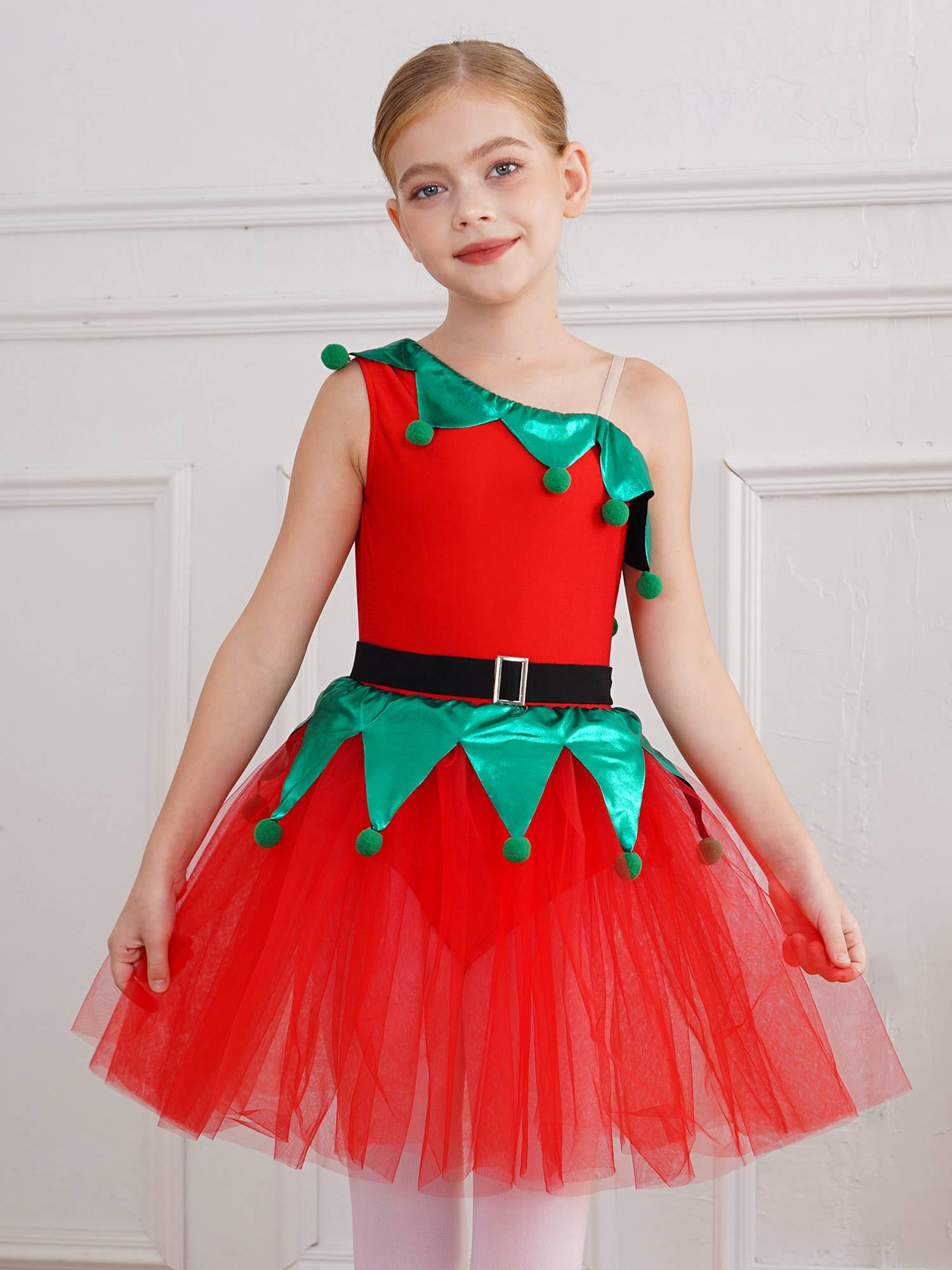 Kids Girls Christmas One Shoulder Sleeveless Pom Poms Mesh Tutu Dress with Belt