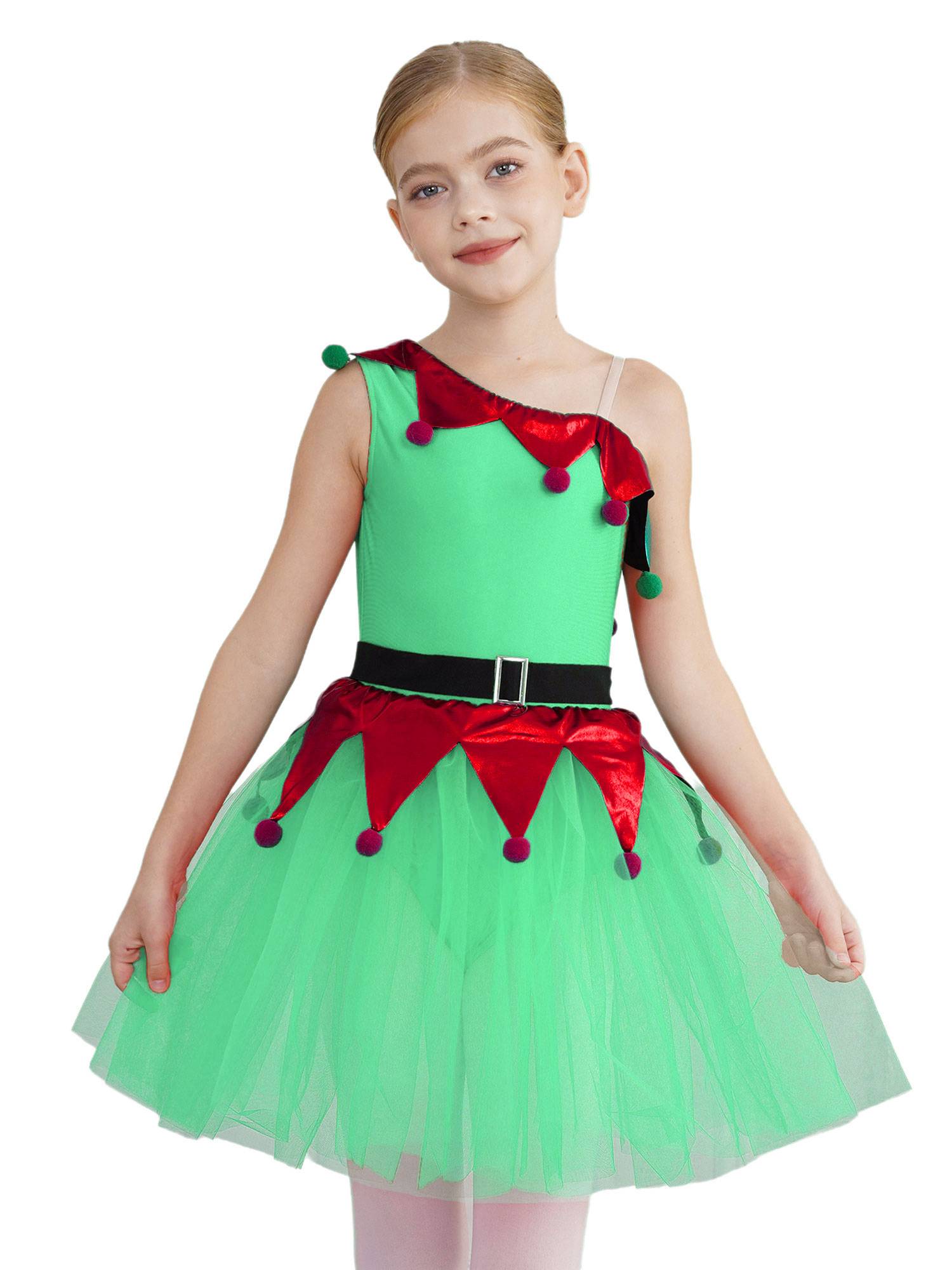 Kids Girls Christmas One Shoulder Sleeveless Pom Poms Mesh Tutu Dress with Belt