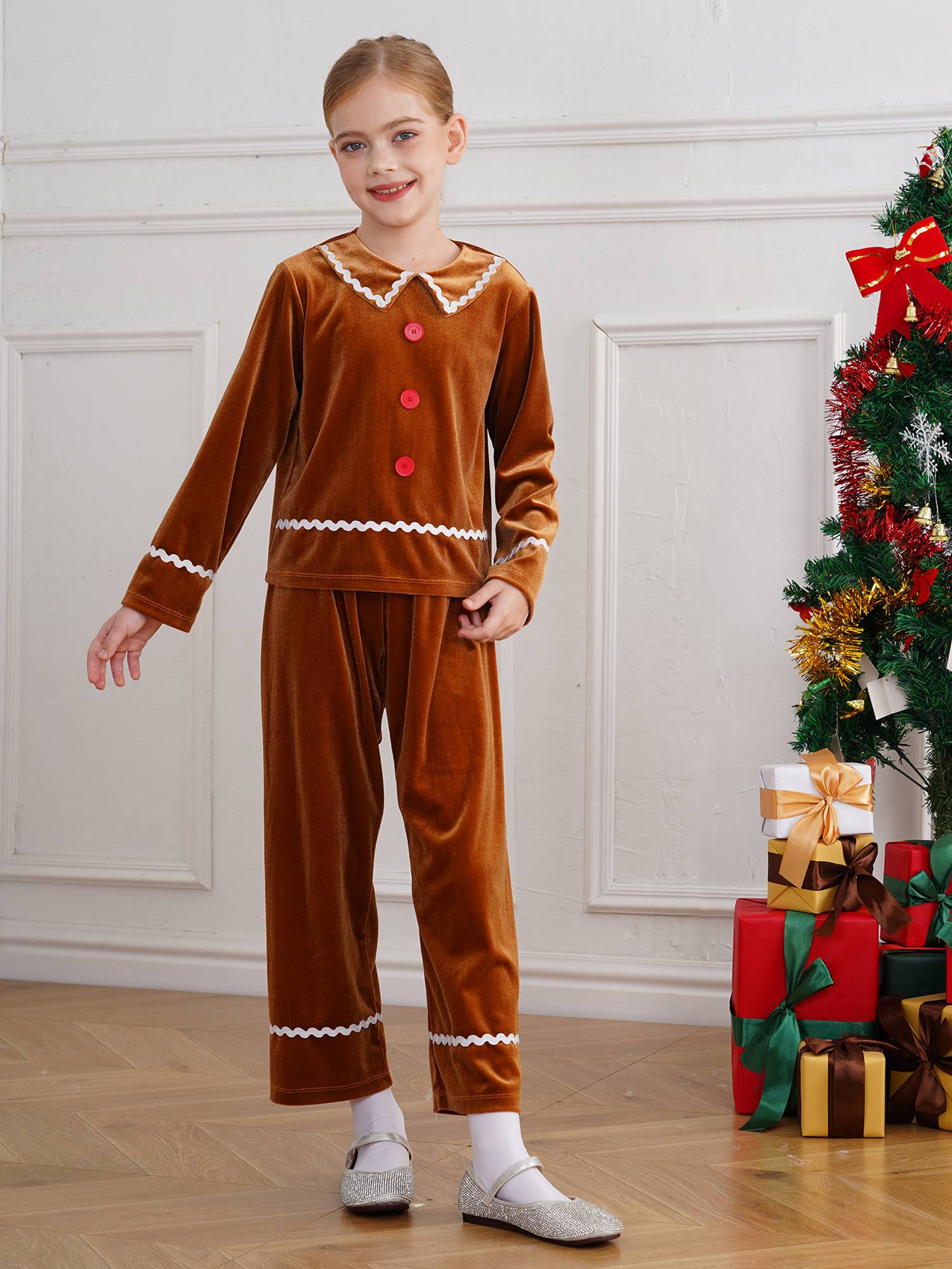 Kids 2pcs Velvet Long Sleeve Top and Pants Gingerbread Man Costume Suit