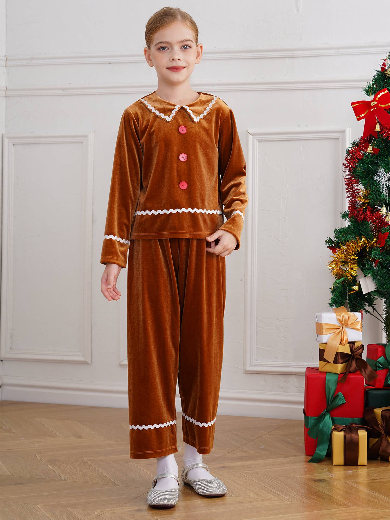 Kids 2pcs Velvet Long Sleeve Top and Pants Gingerbread Man Costume Suit
