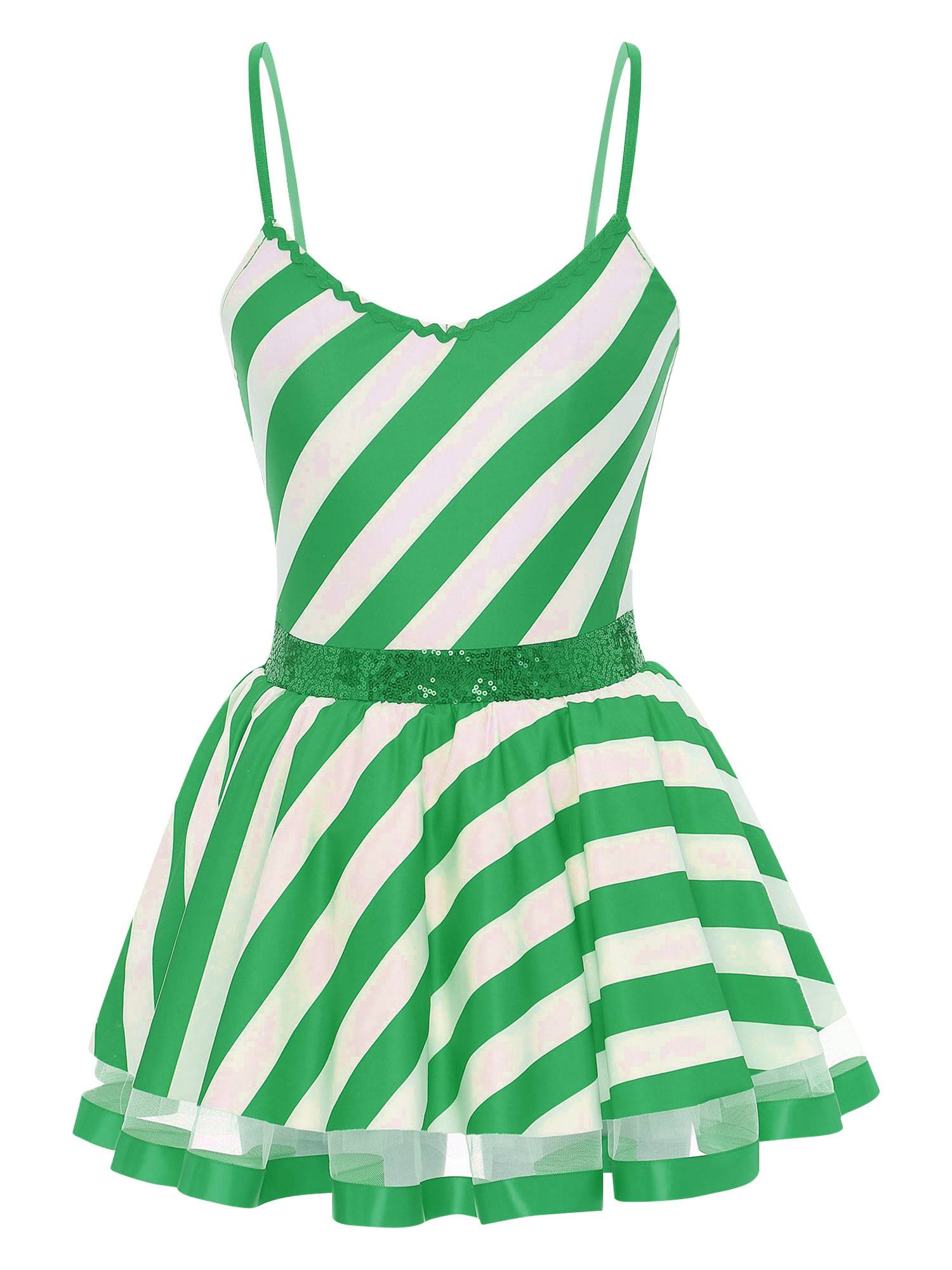 Women Christmas Spaghetti Straps V Neck Sequins Striped Tutu Dress