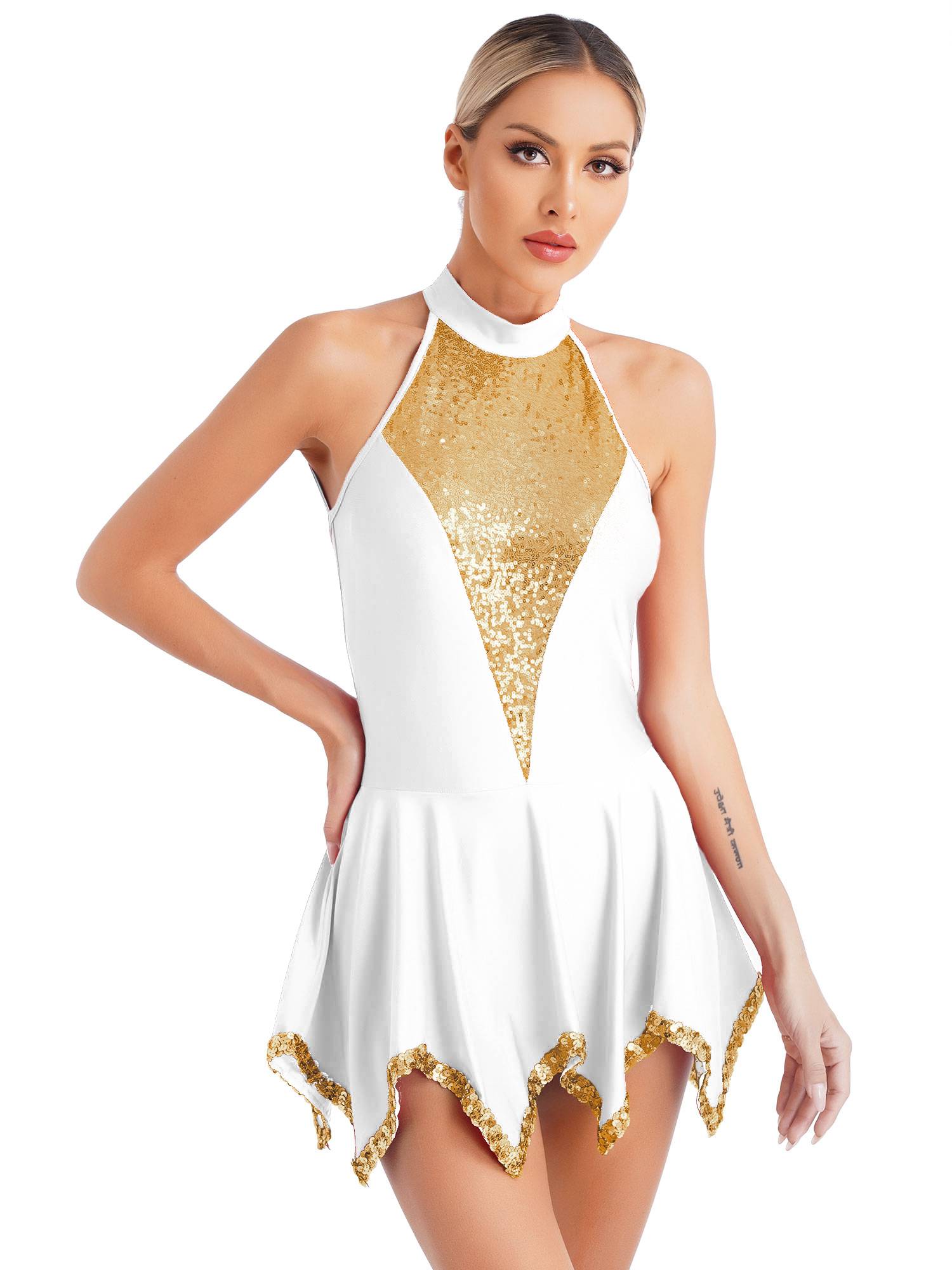 Women Sequin Halter Neck Sleeveless Latin Dance Leotard Dress