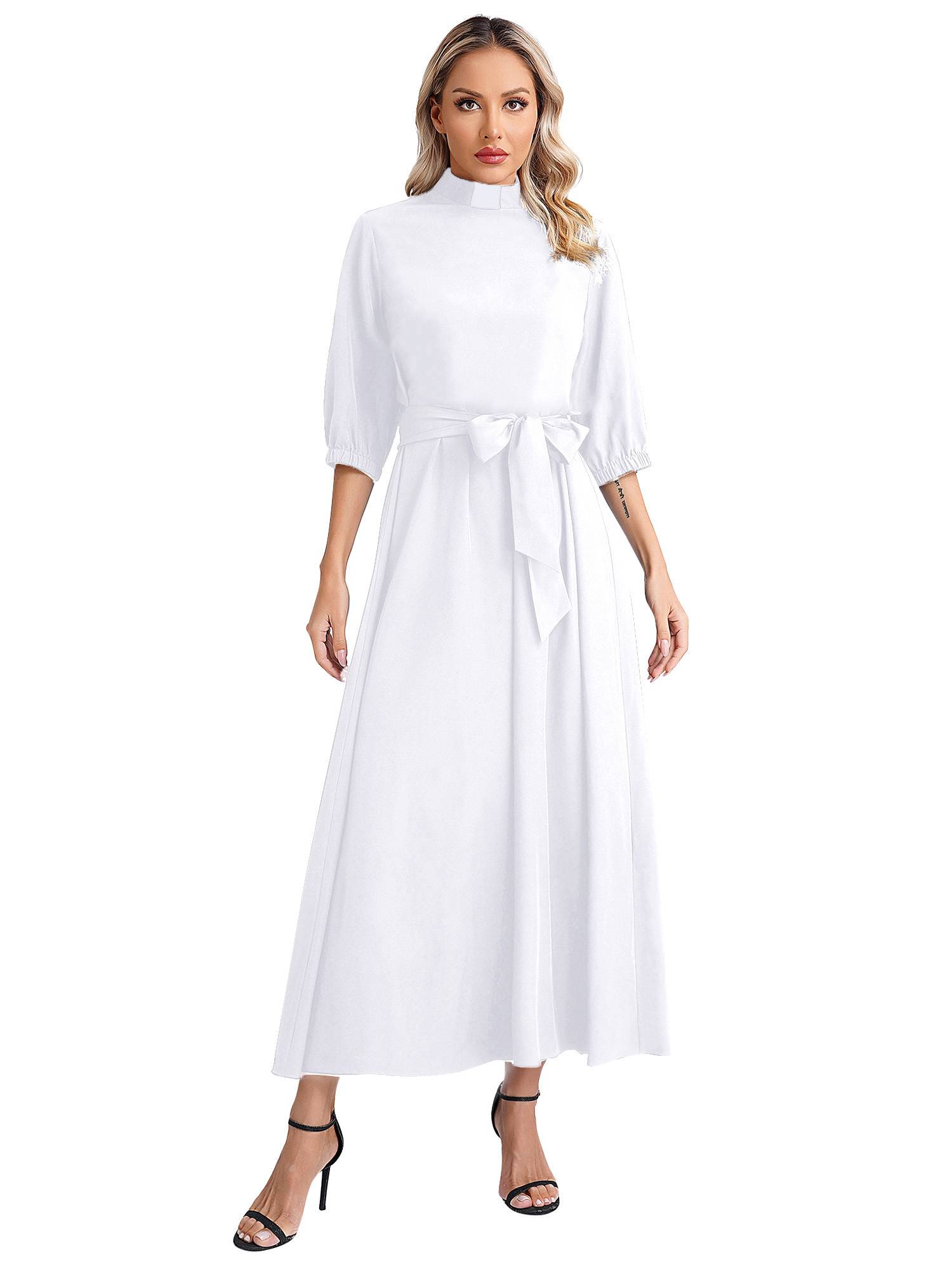 Women Mock Neck 3/4 Sleeve Solid Color Maxi Dress with Belt
