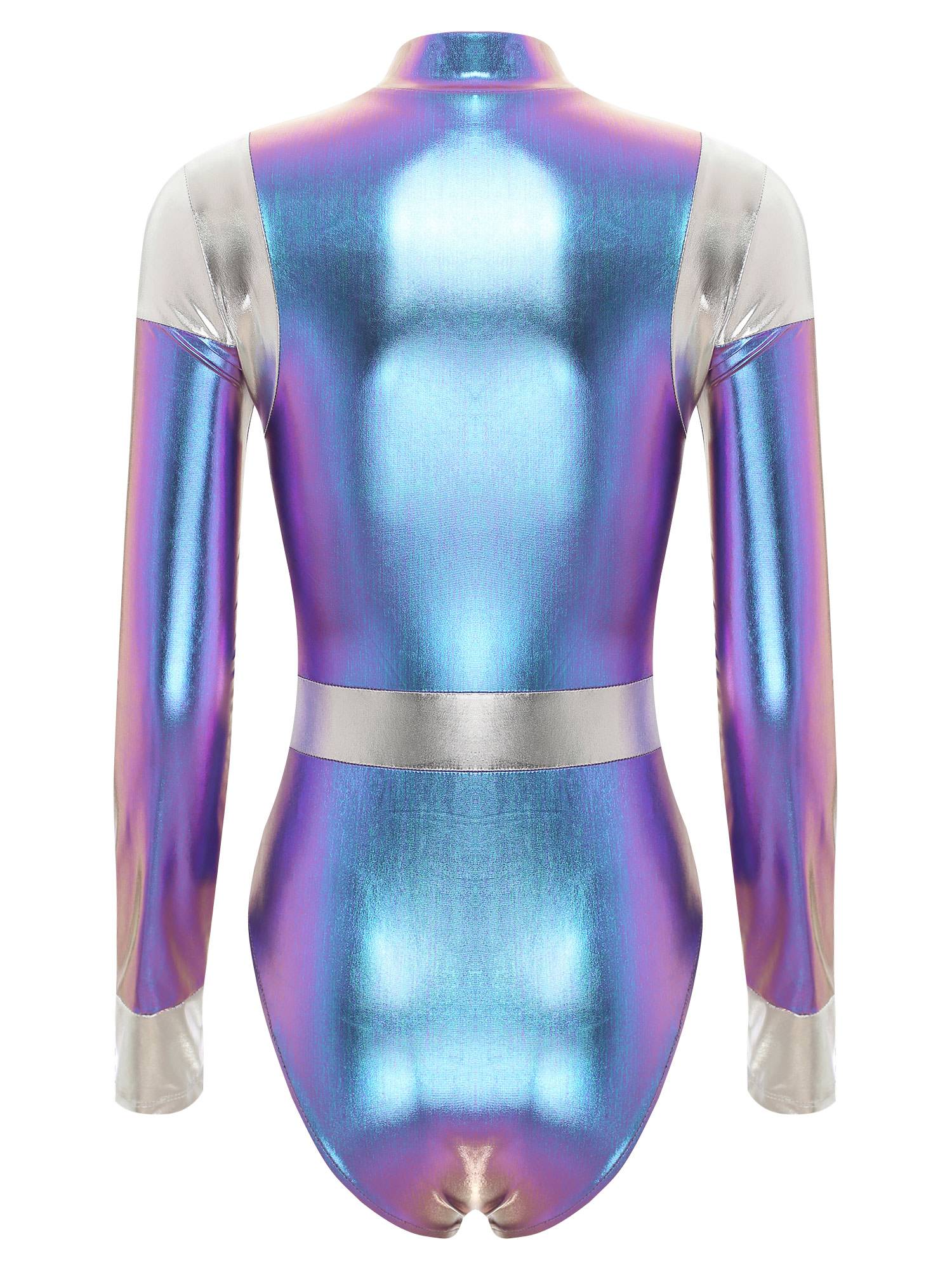 Women Mock Neck Long Sleeve Metallic Astronaut Costume Bodysuit