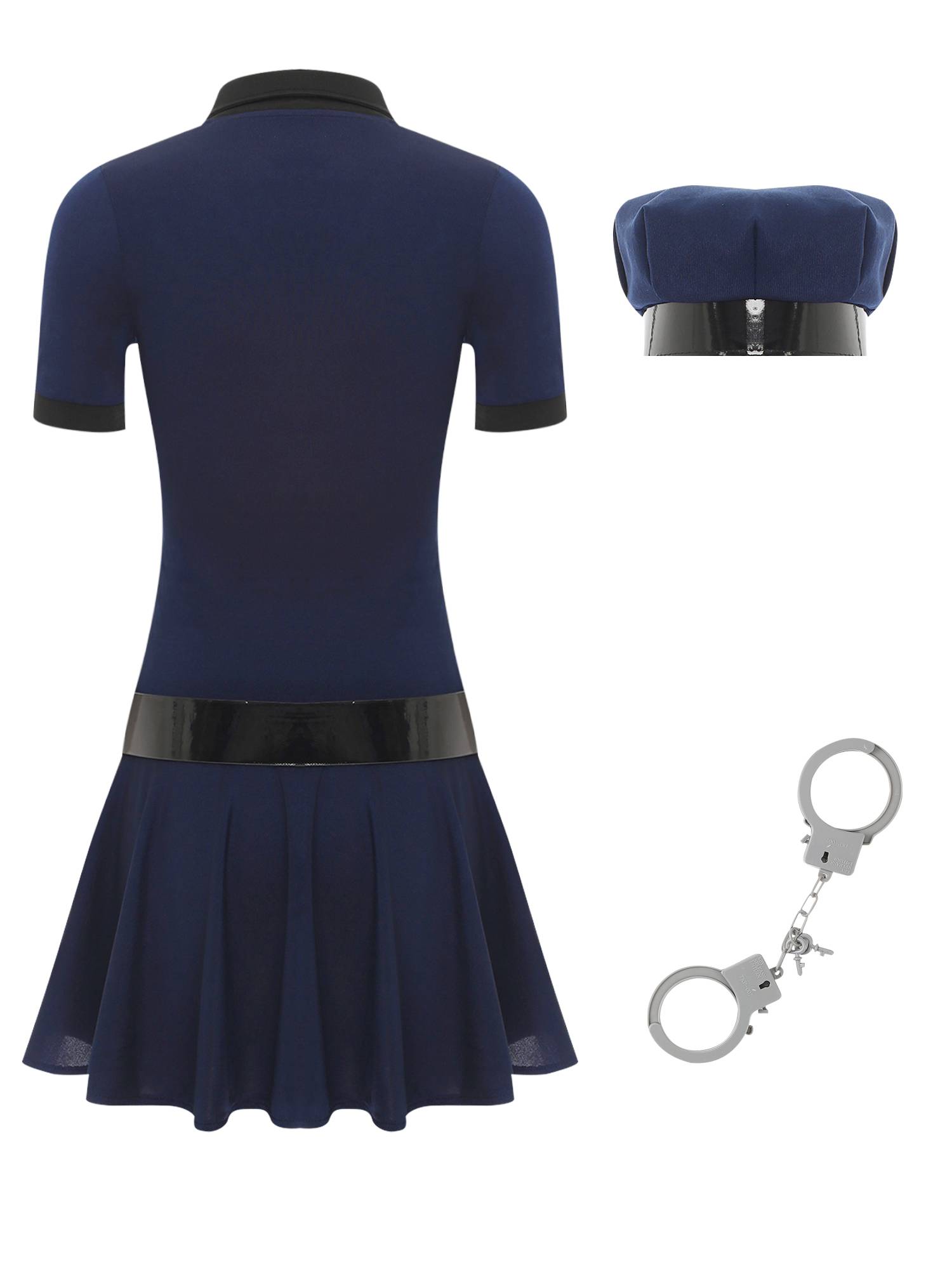 Women 4pcs Halloween Policewoman Cosplay Zip Dress with Hat Belt Manacles