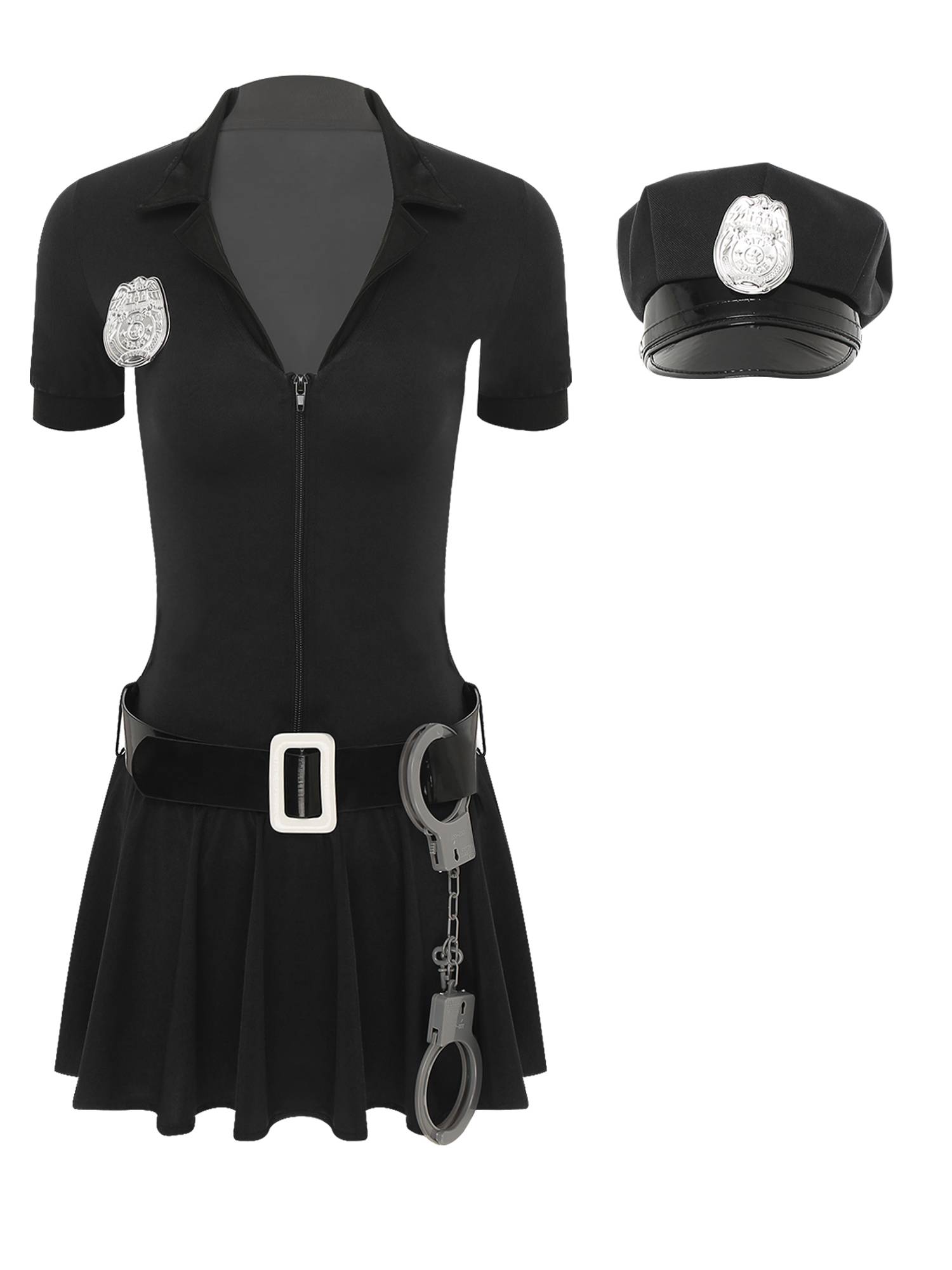 Women 4pcs Halloween Policewoman Cosplay Zip Dress with Hat Belt Manacles