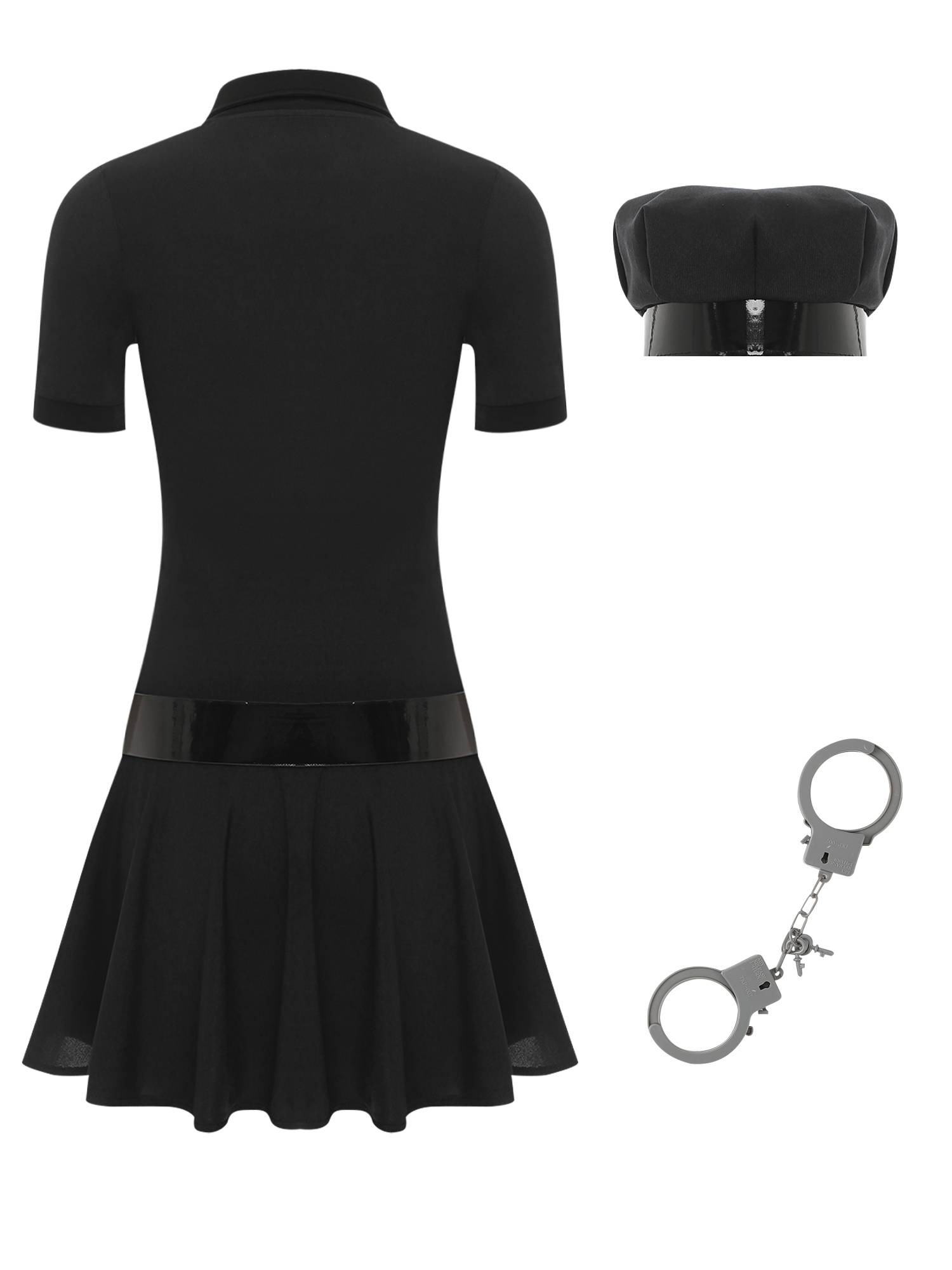 Women 4pcs Halloween Policewoman Cosplay Zip Dress with Hat Belt Manacles