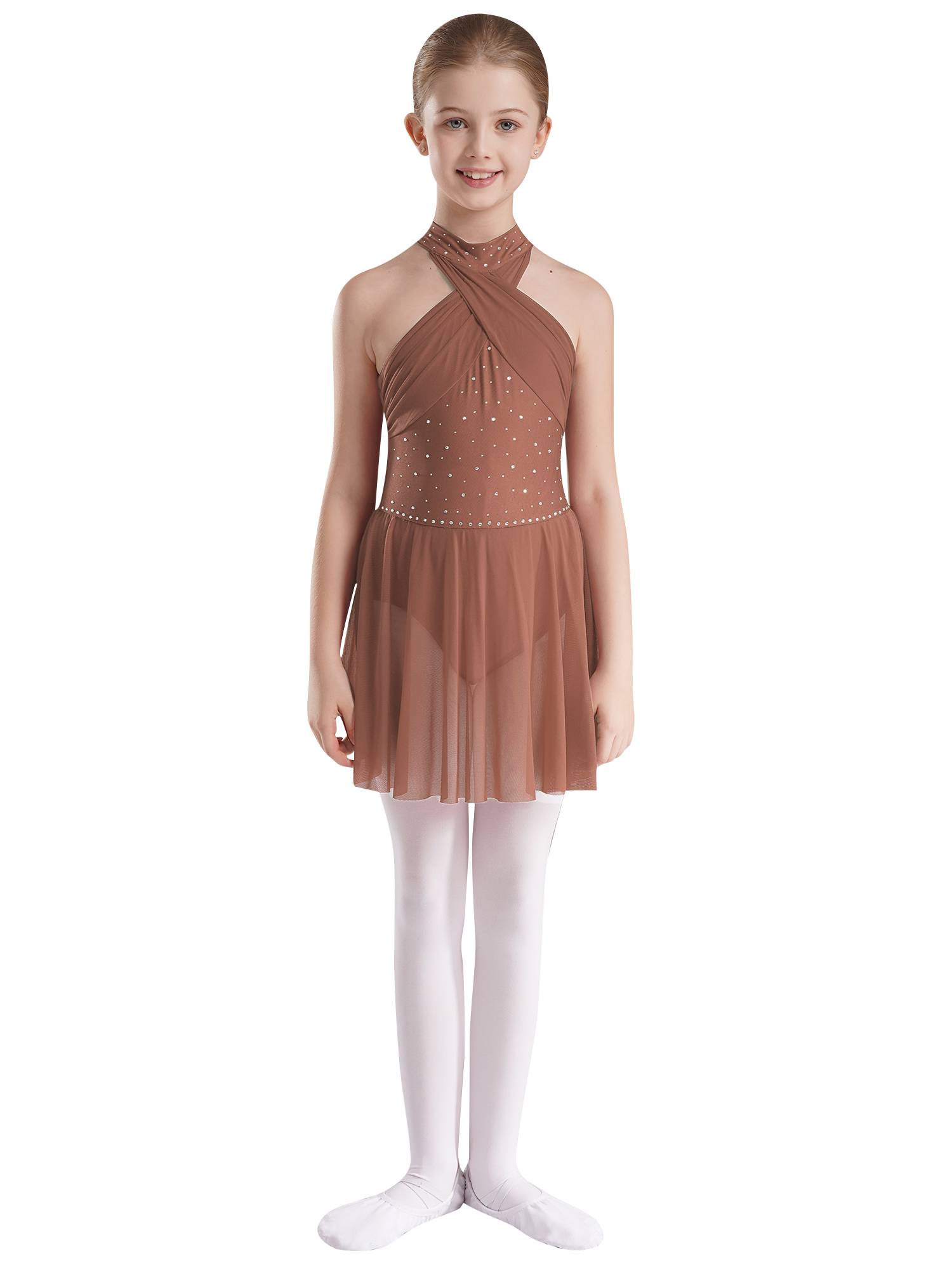Kids Girls Halter Neck Sleeveless Rhinestones Mesh Skating Leotard Dress