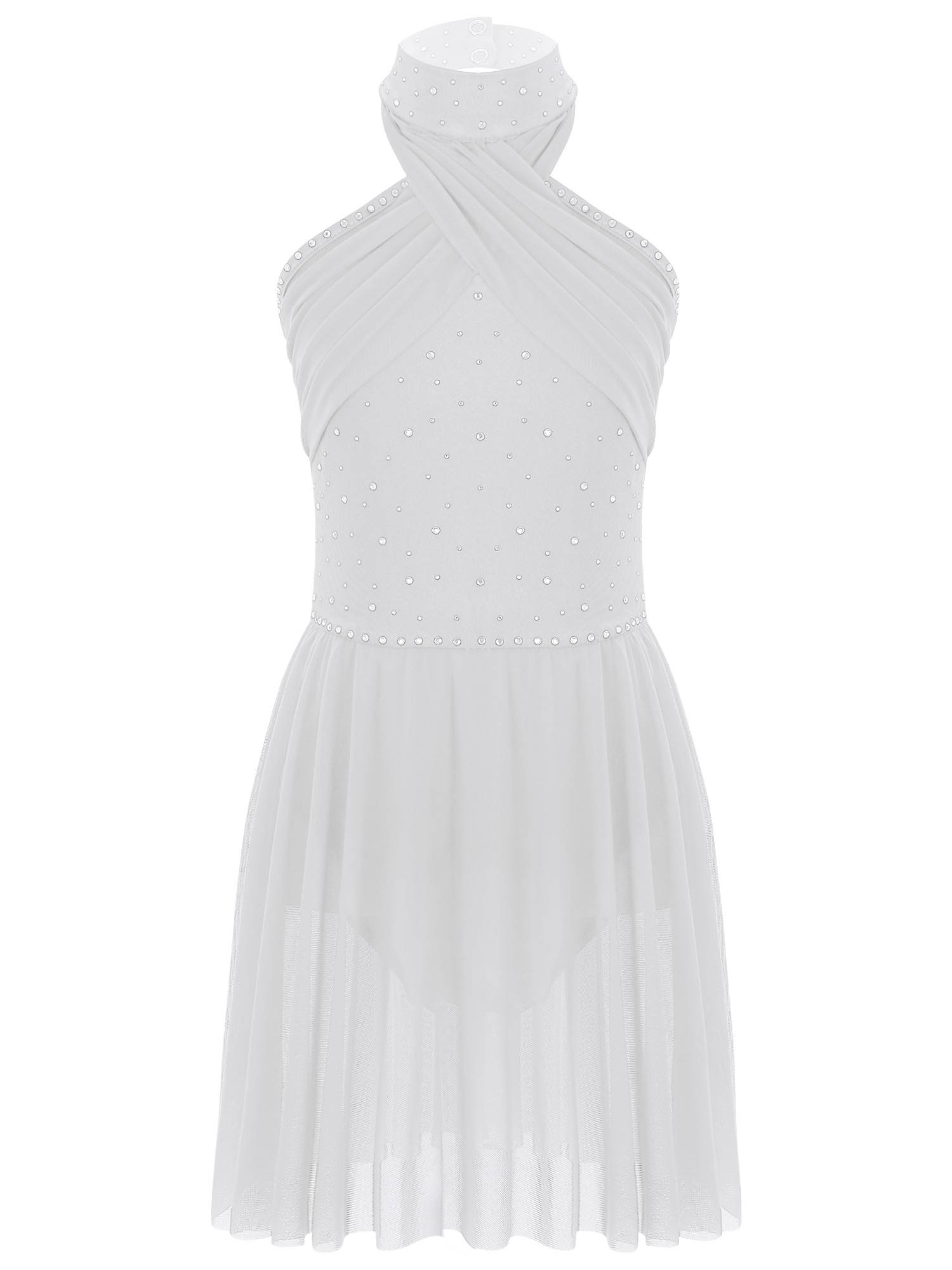 Kids Girls Halter Neck Sleeveless Rhinestones Mesh Skating Leotard Dress