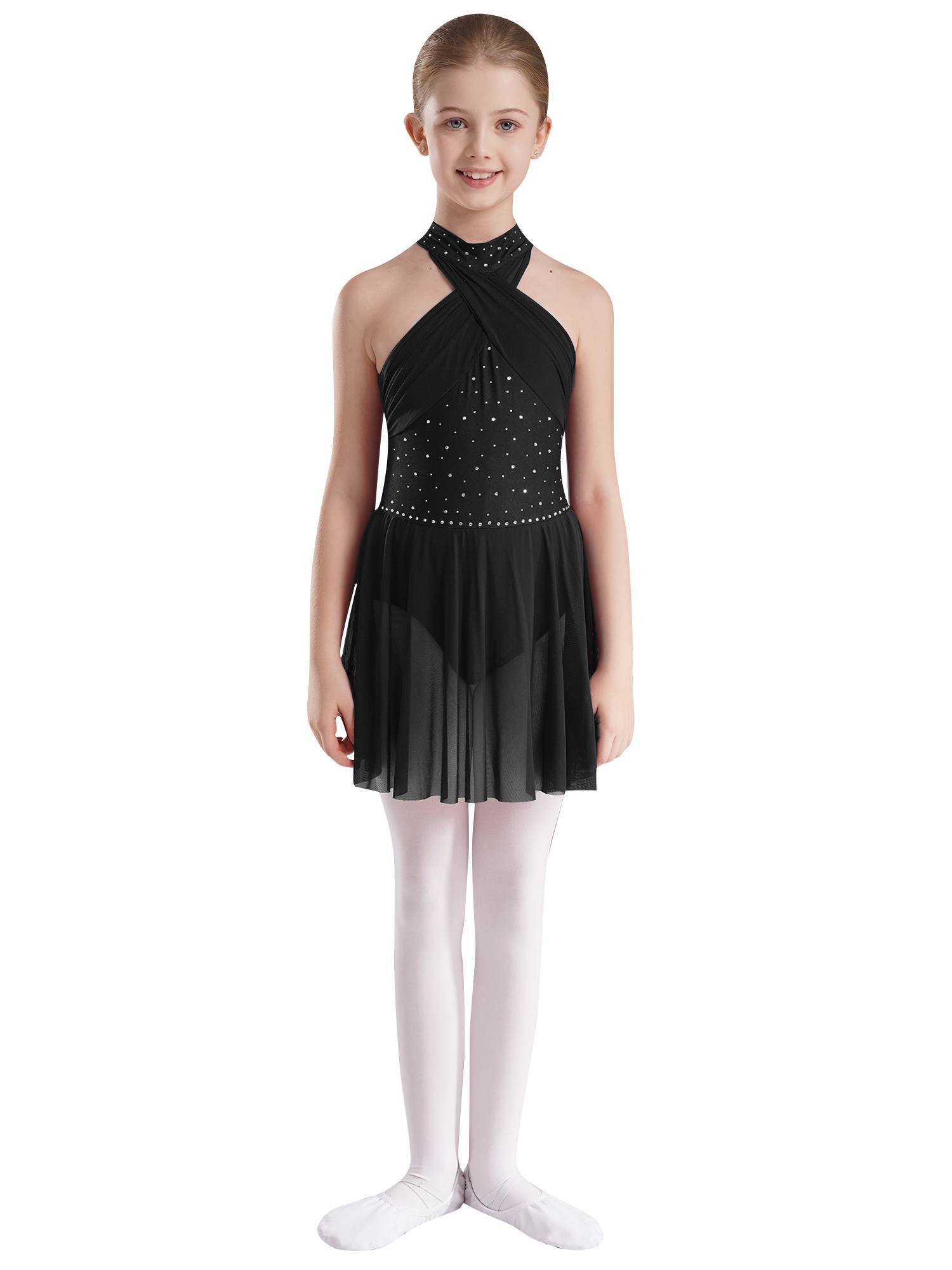 Kids Girls Halter Neck Sleeveless Rhinestones Mesh Skating Leotard Dress