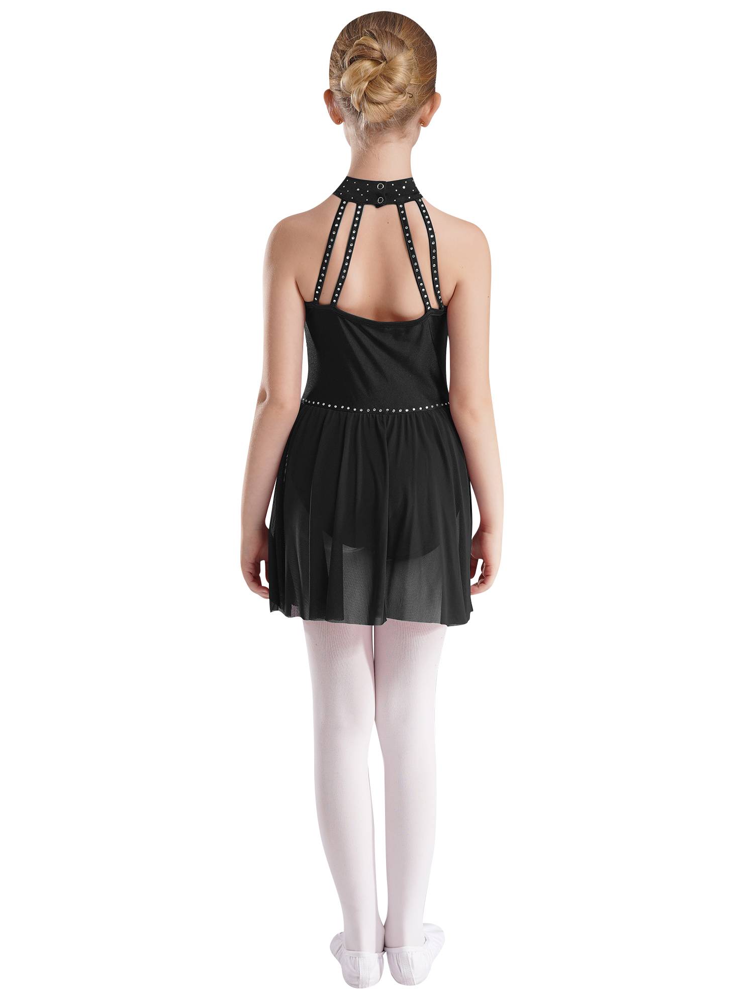 Kids Girls Halter Neck Sleeveless Rhinestones Mesh Skating Leotard Dress