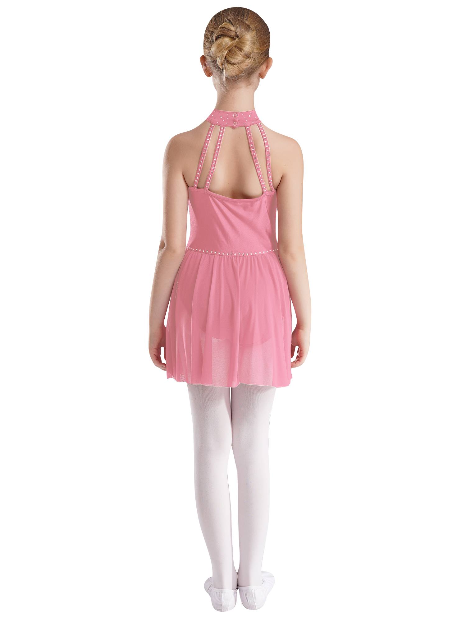 Kids Girls Halter Neck Sleeveless Rhinestones Mesh Skating Leotard Dress