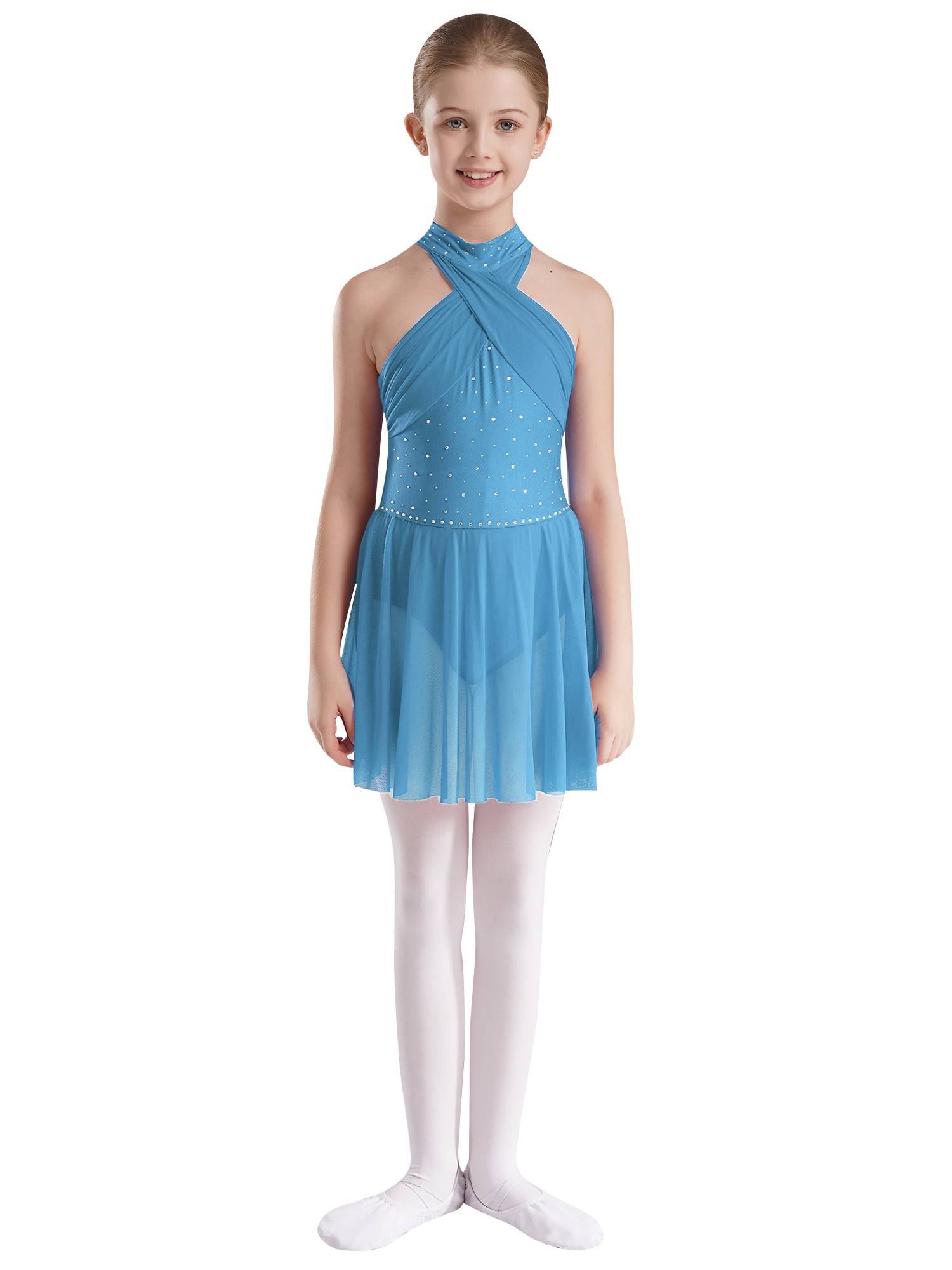 Kids Girls Halter Neck Sleeveless Rhinestones Mesh Skating Leotard Dress
