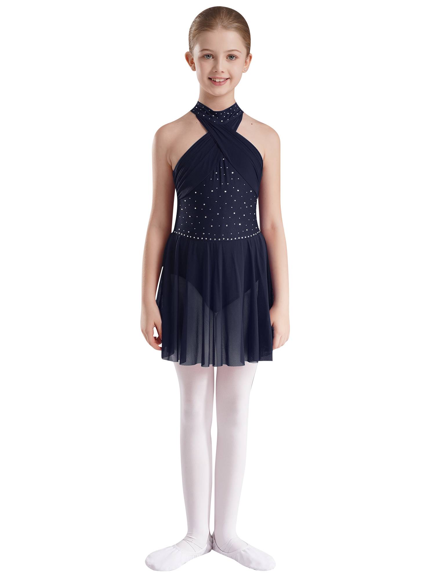 Kids Girls Halter Neck Sleeveless Rhinestones Mesh Skating Leotard Dress