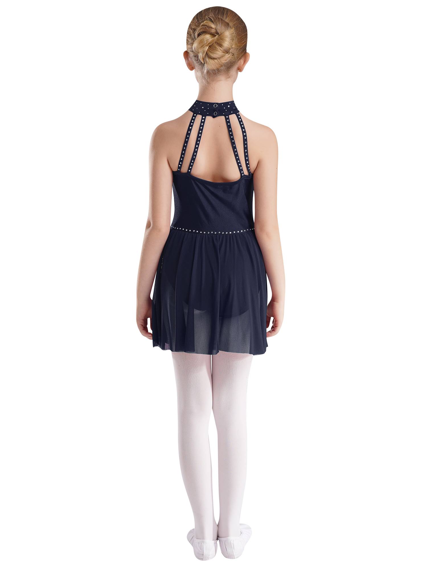 Kids Girls Halter Neck Sleeveless Rhinestones Mesh Skating Leotard Dress