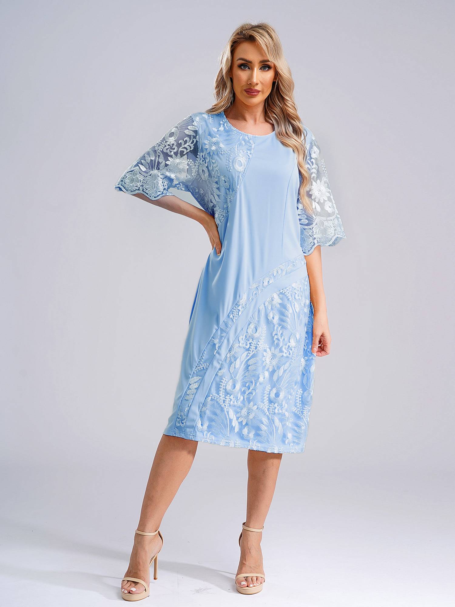 Women Plus Size Embroidery Round Neck Short Sleeve Tea Length Cocktail Dress