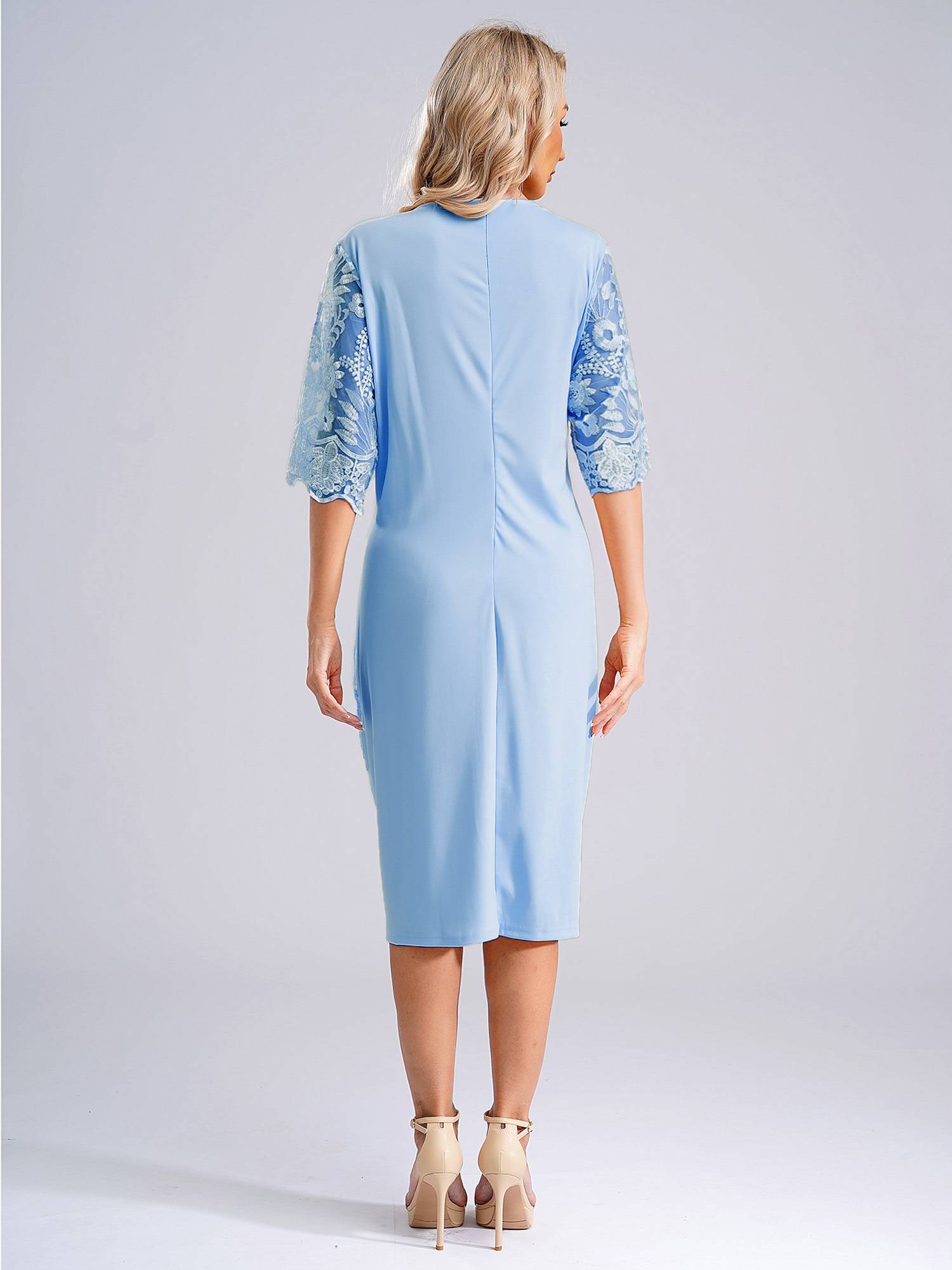 Women Plus Size Embroidery Round Neck Short Sleeve Tea Length Cocktail Dress