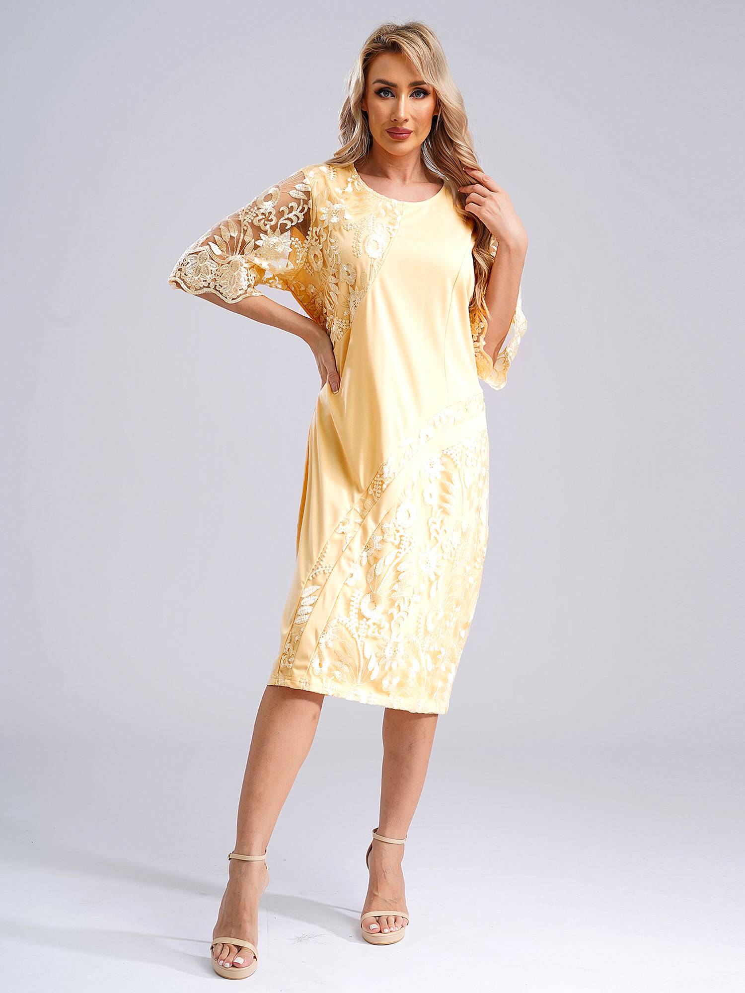 Women Plus Size Embroidery Round Neck Short Sleeve Tea Length Cocktail Dress