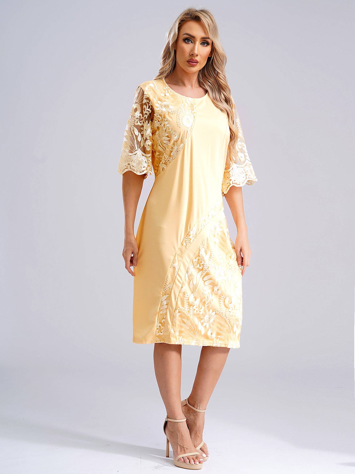 Women Plus Size Embroidery Round Neck Short Sleeve Tea Length Cocktail Dress