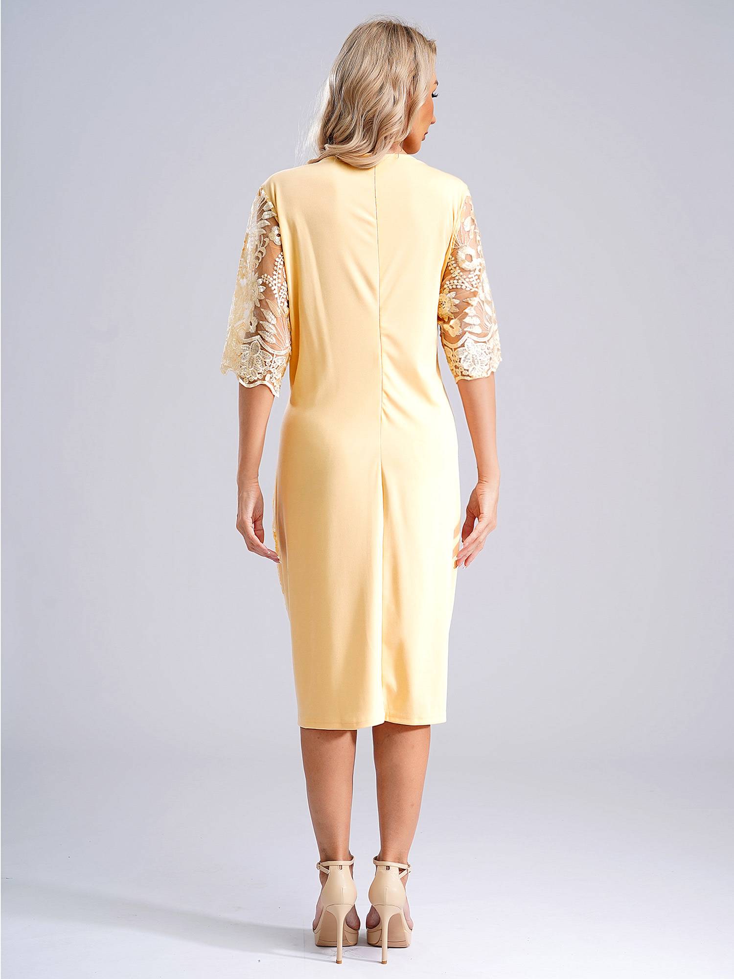 Women Plus Size Embroidery Round Neck Short Sleeve Tea Length Cocktail Dress