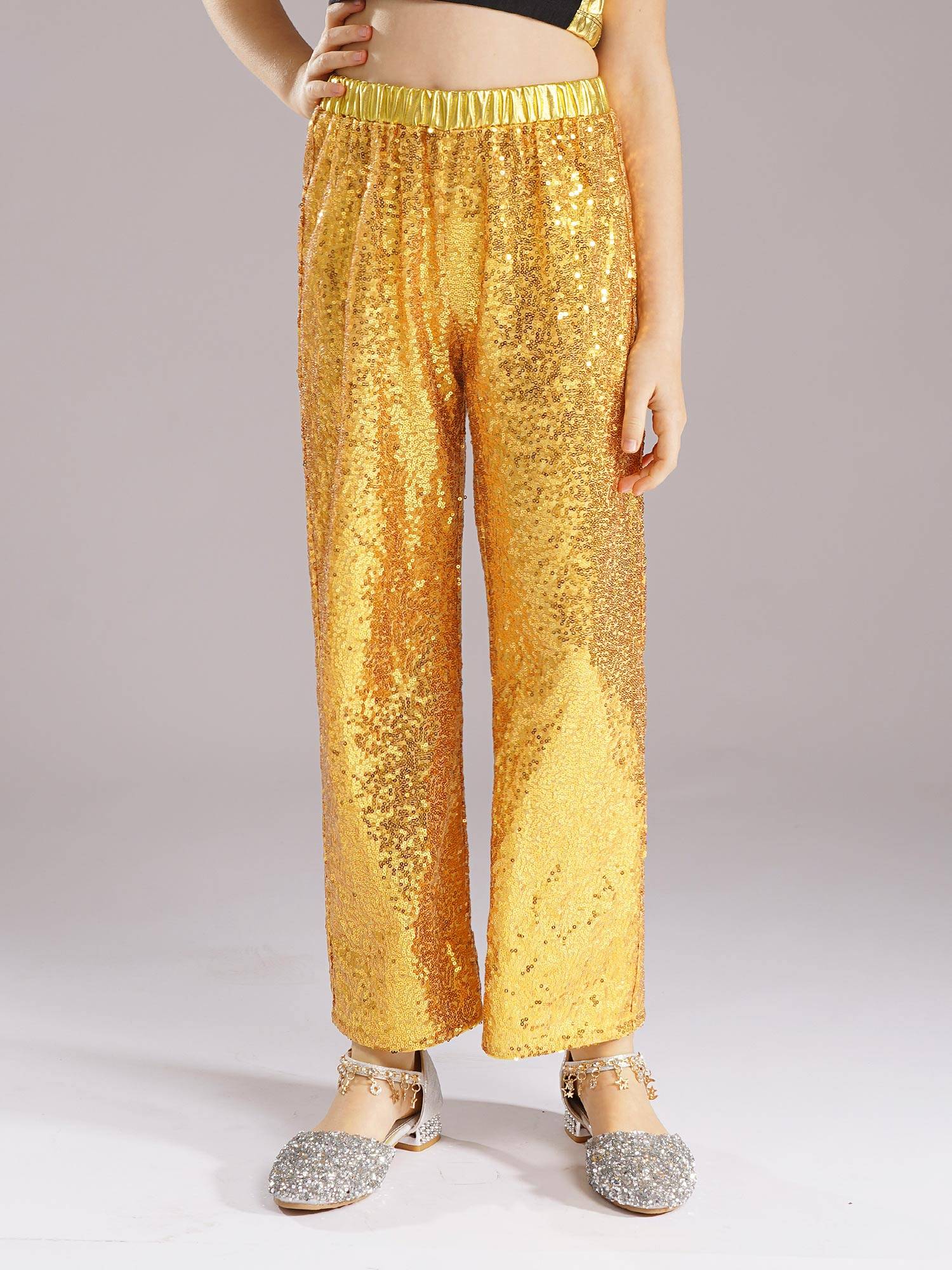 Kids Girls Sequin High Waist Loose Pants for Jazz Dance