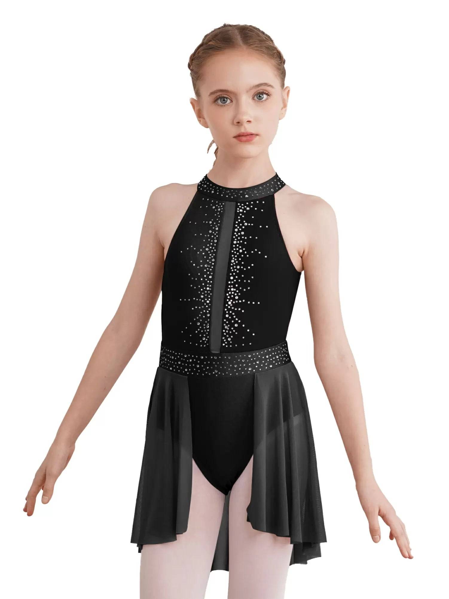 Kids Girls Sleeveless Halter Neck Lyrical Dance Leotard Dress
