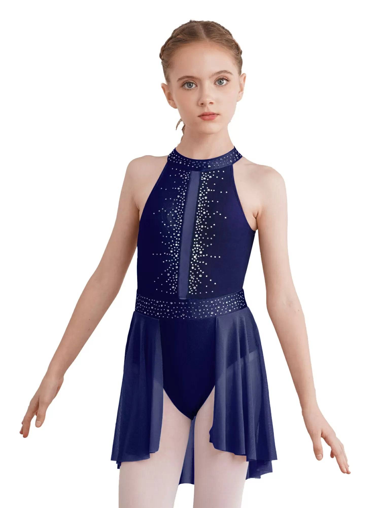 Kids Girls Sleeveless Halter Neck Lyrical Dance Leotard Dress