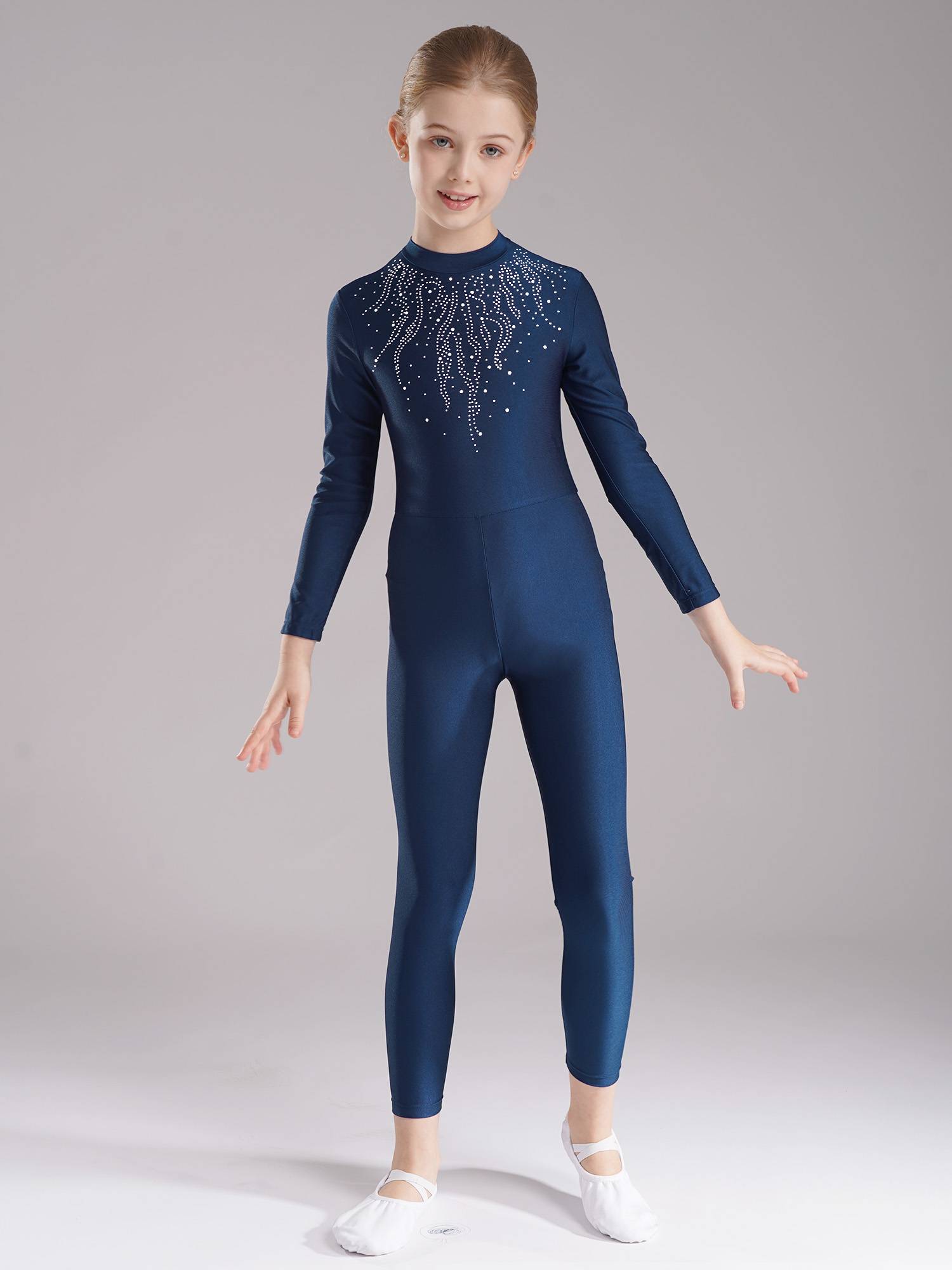Kids Girls Long Sleeve Glittery Rhinestones Gymnastics Unitard