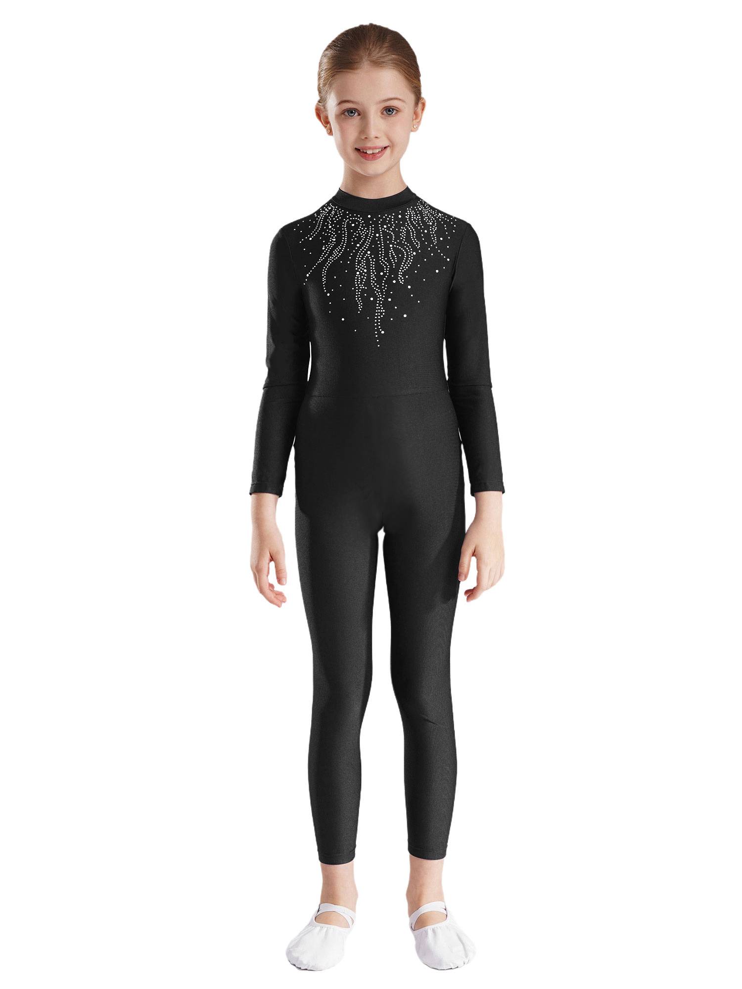 Kids Girls Long Sleeve Glittery Rhinestones Gymnastics Unitard