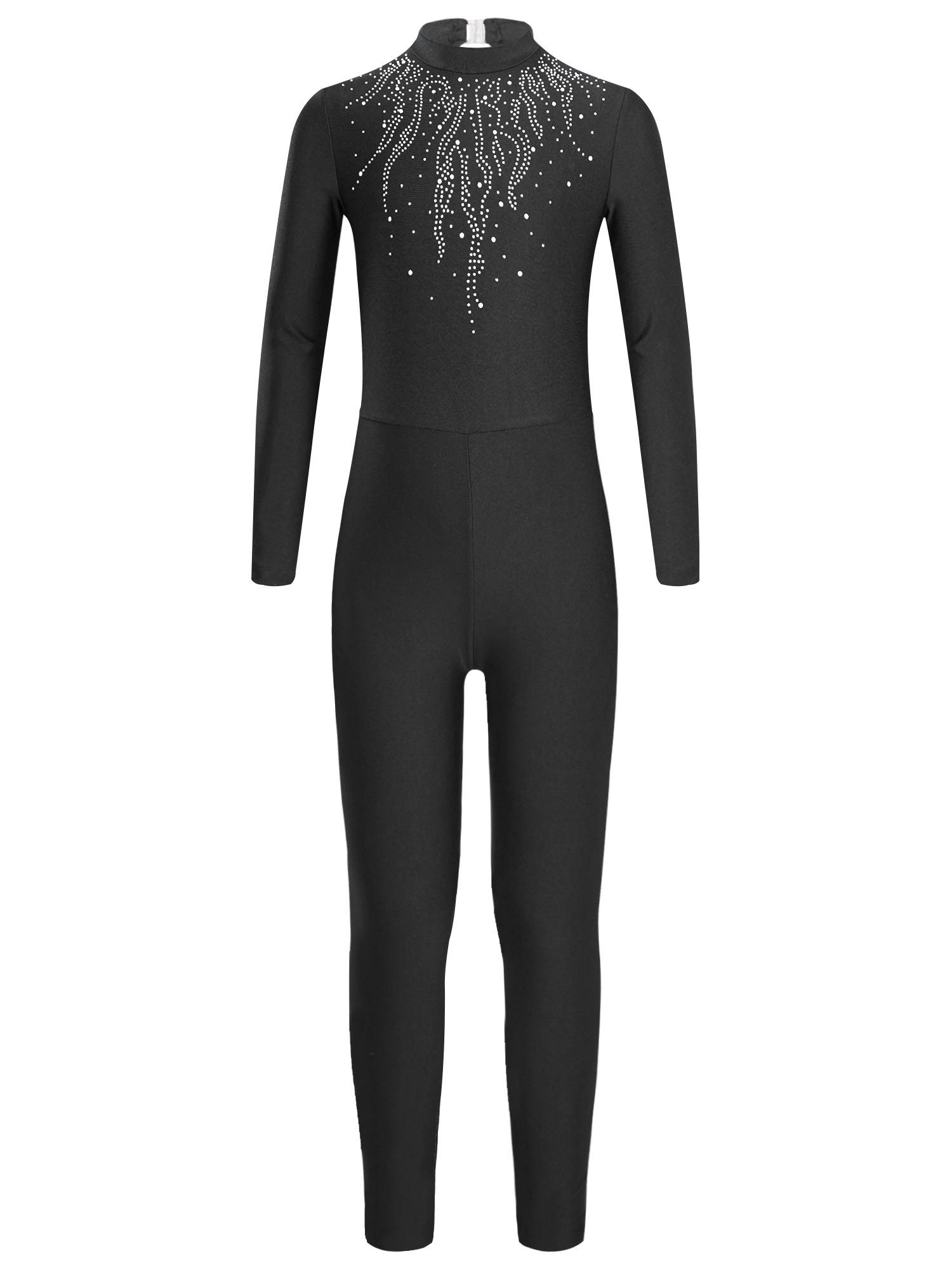 Kids Girls Long Sleeve Glittery Rhinestones Gymnastics Unitard