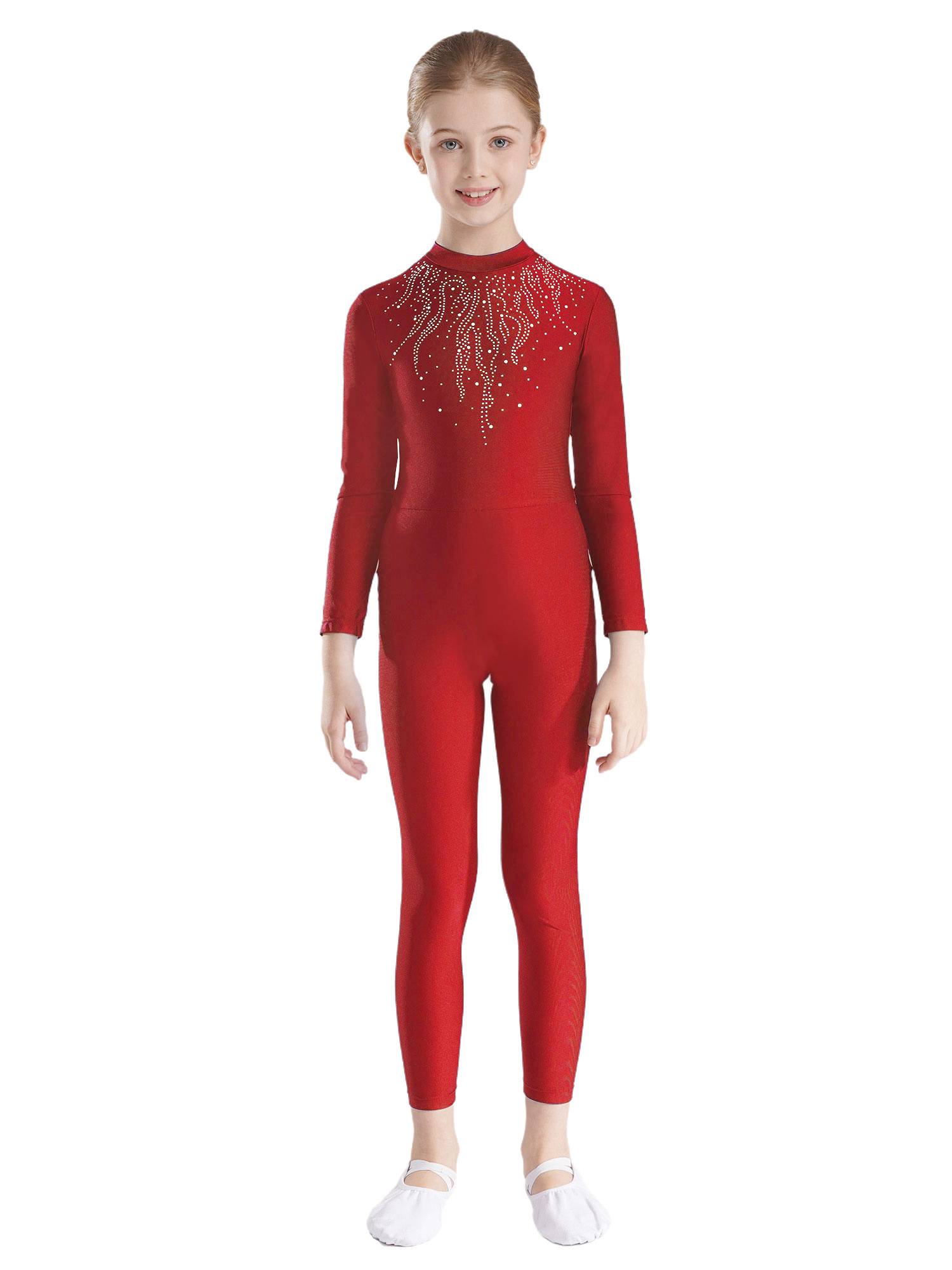 Kids Girls Long Sleeve Glittery Rhinestones Gymnastics Unitard