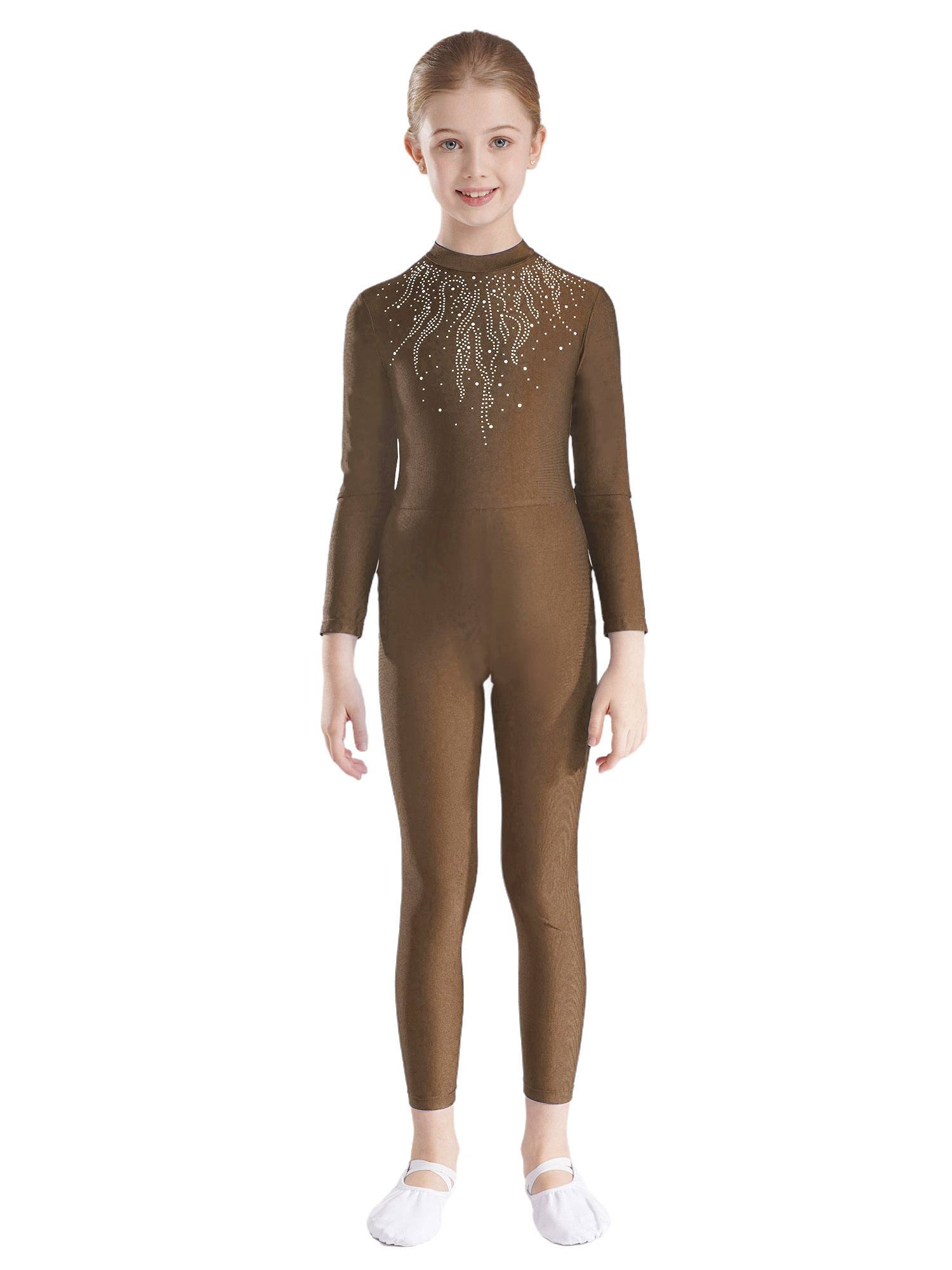 Kids Girls Long Sleeve Glittery Rhinestones Gymnastics Unitard