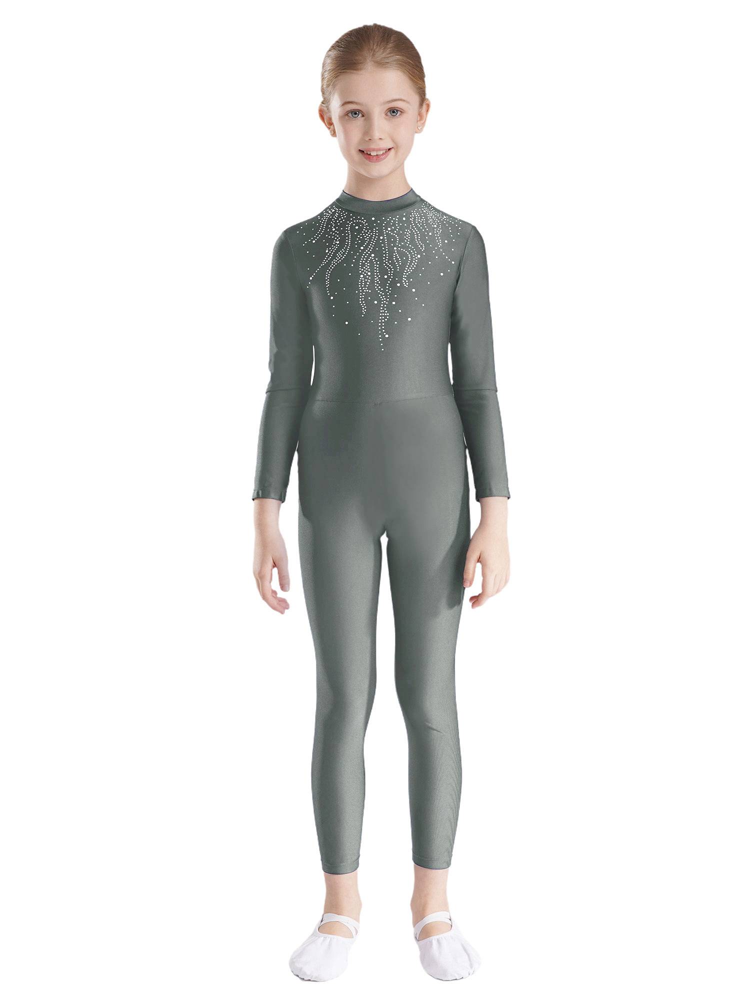 Kids Girls Long Sleeve Glittery Rhinestones Gymnastics Unitard