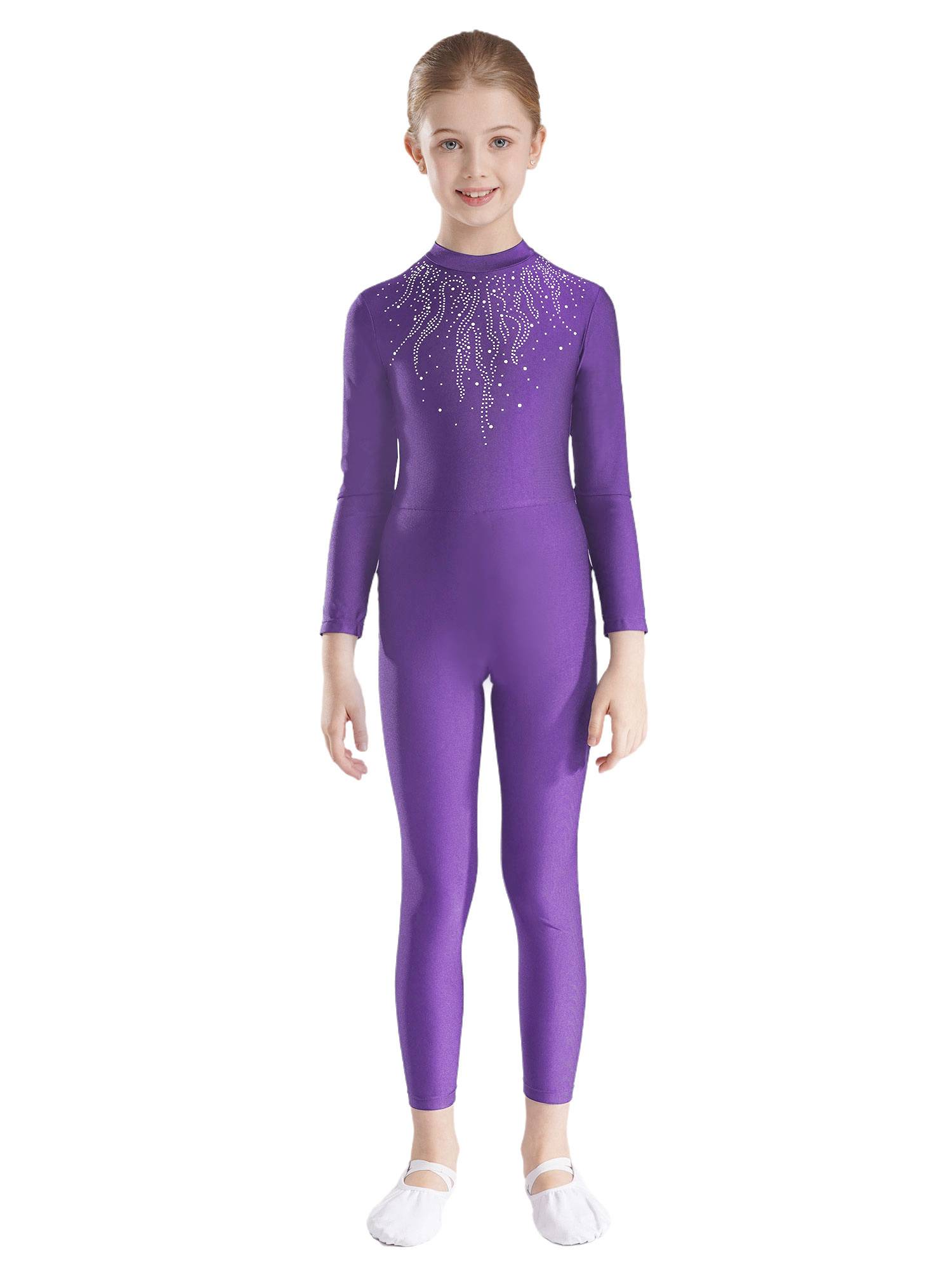 Kids Girls Long Sleeve Glittery Rhinestones Gymnastics Unitard
