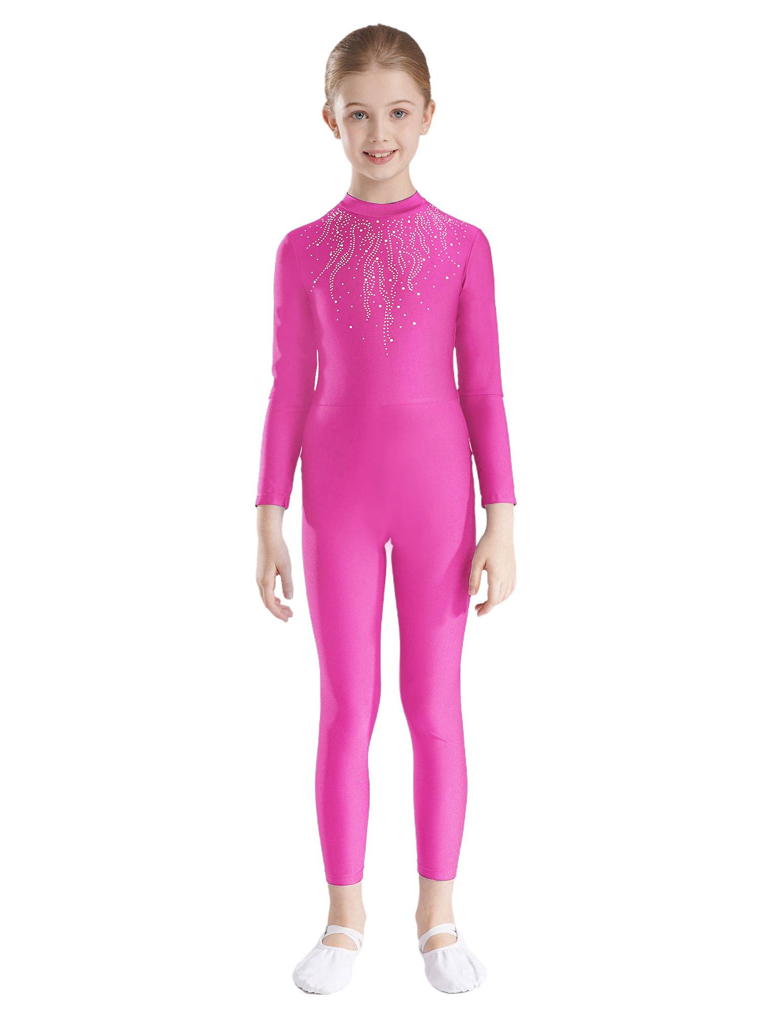 Kids Girls Long Sleeve Glittery Rhinestones Gymnastics Unitard