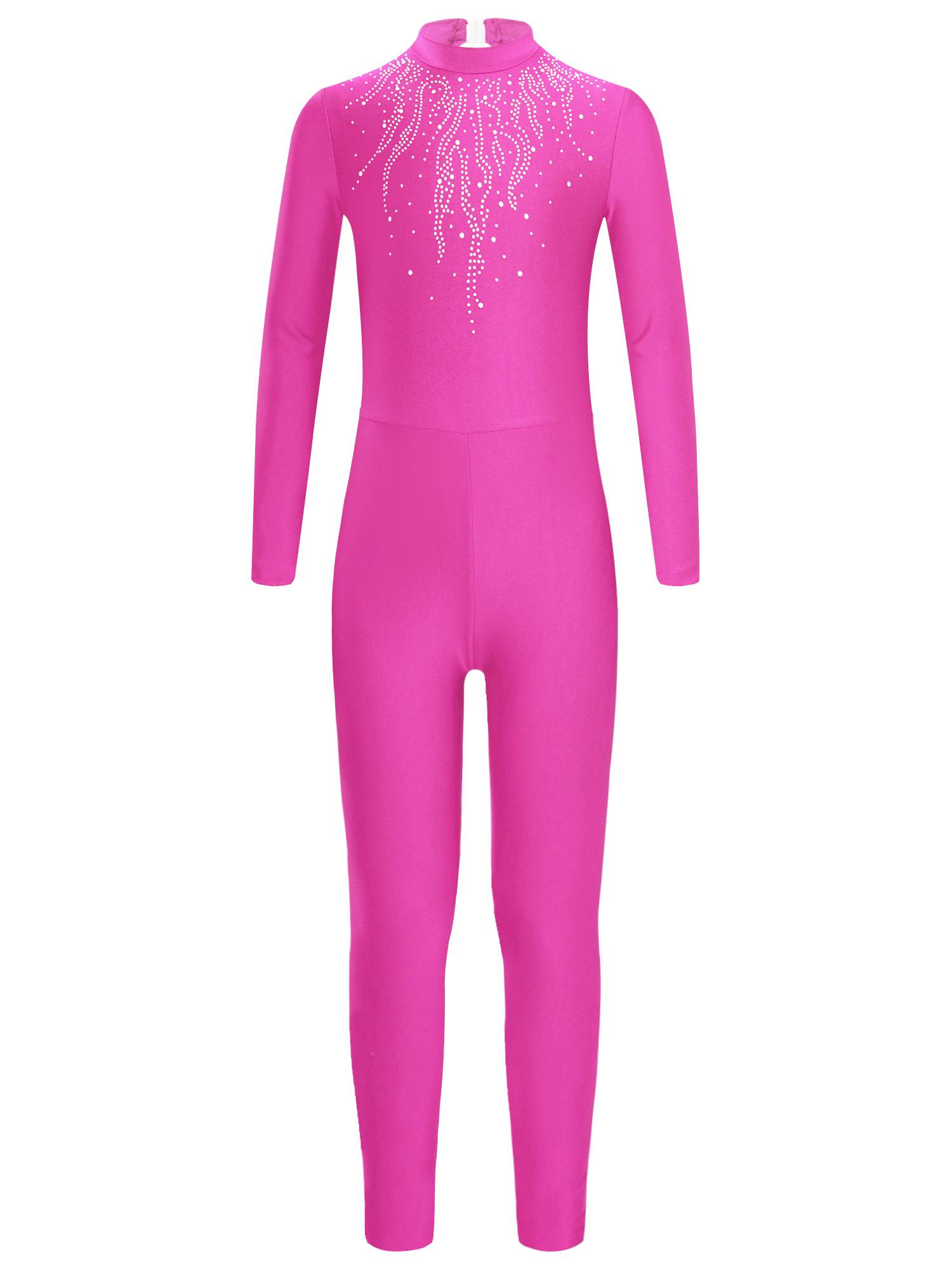 Kids Girls Long Sleeve Glittery Rhinestones Gymnastics Unitard
