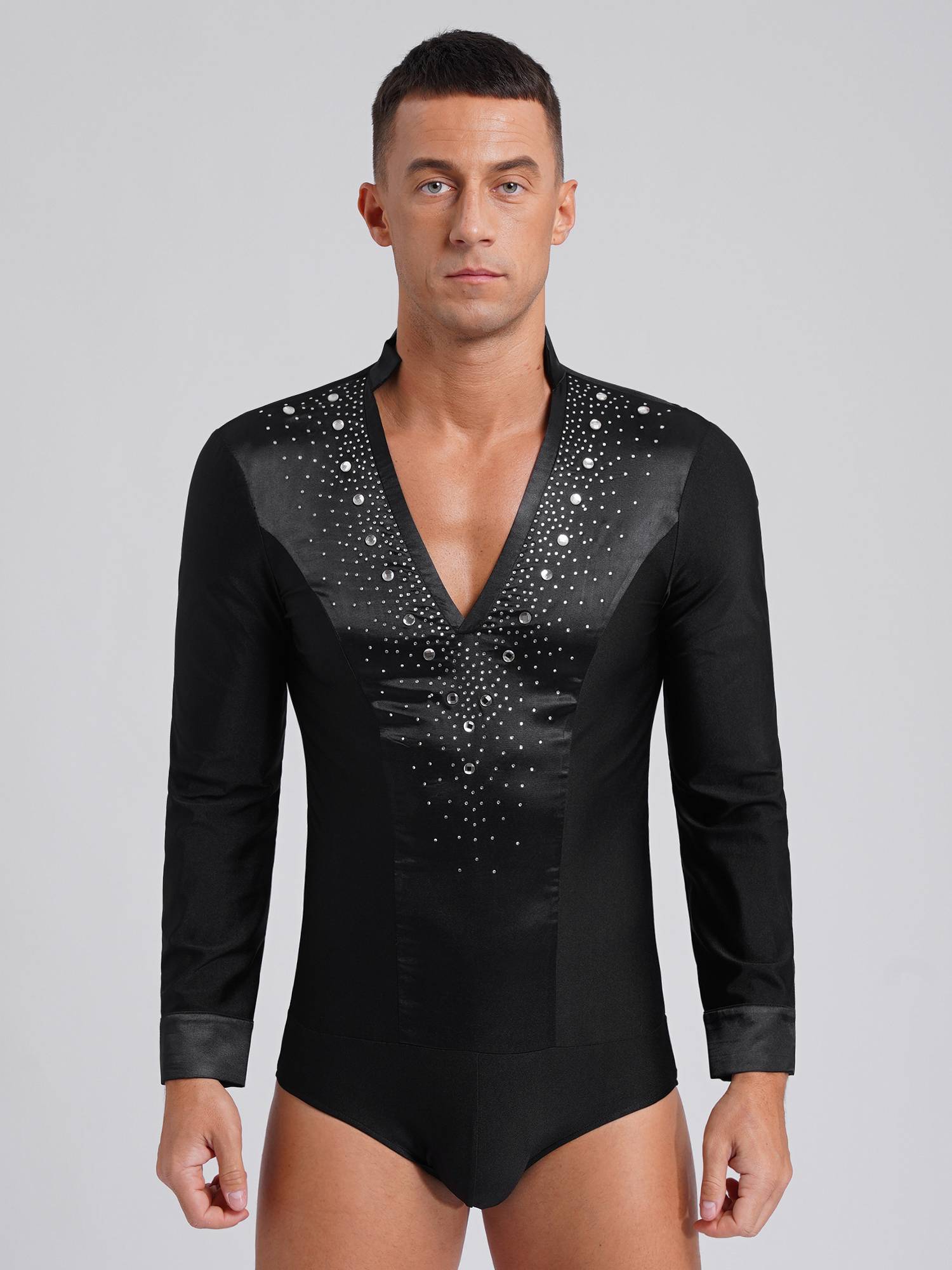 Men V Neck Long Sleeve Satin Patchwork Leotard for Latin Dance Figure Skating