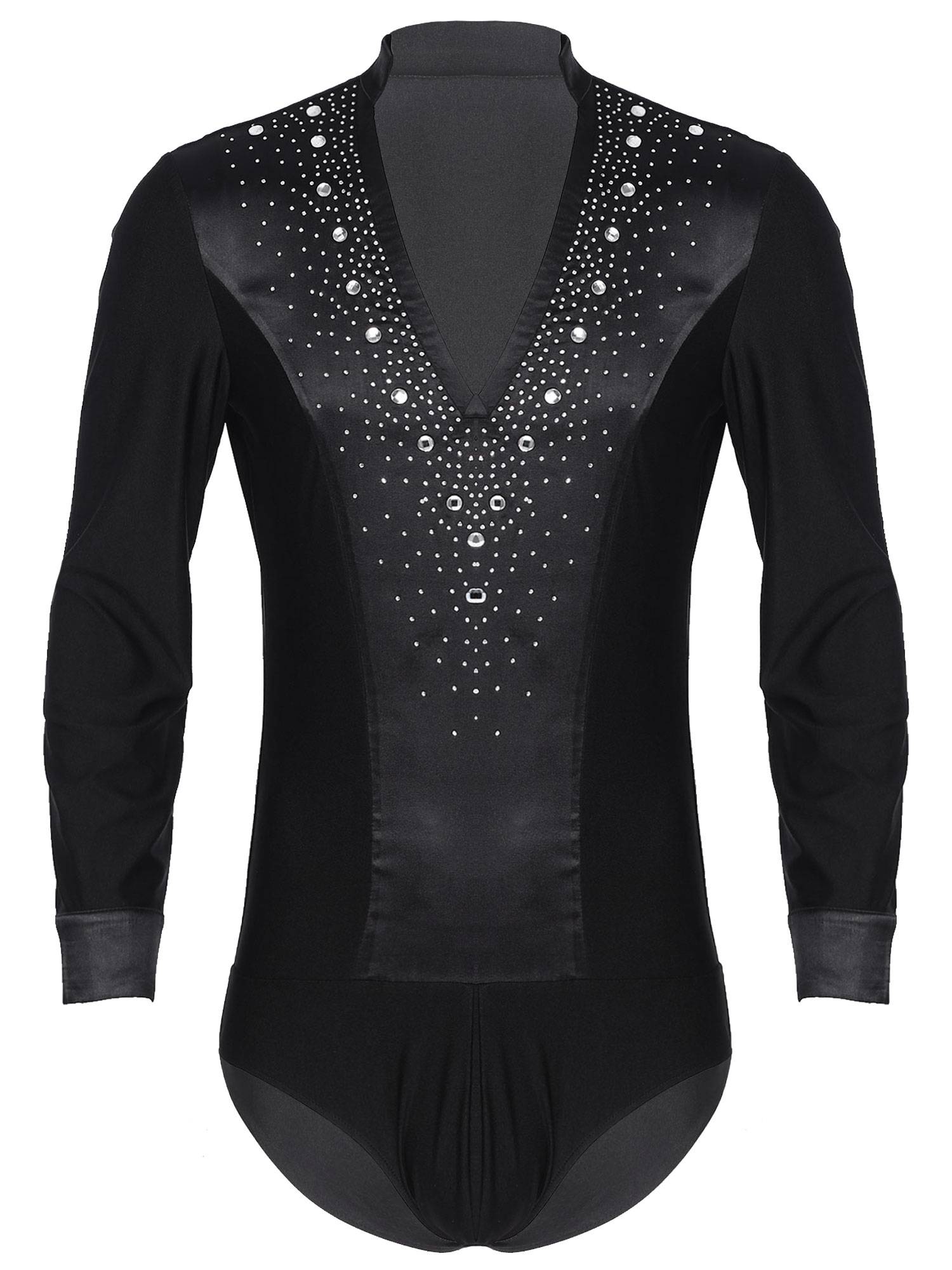 Men V Neck Long Sleeve Satin Patchwork Leotard for Latin Dance Figure Skating