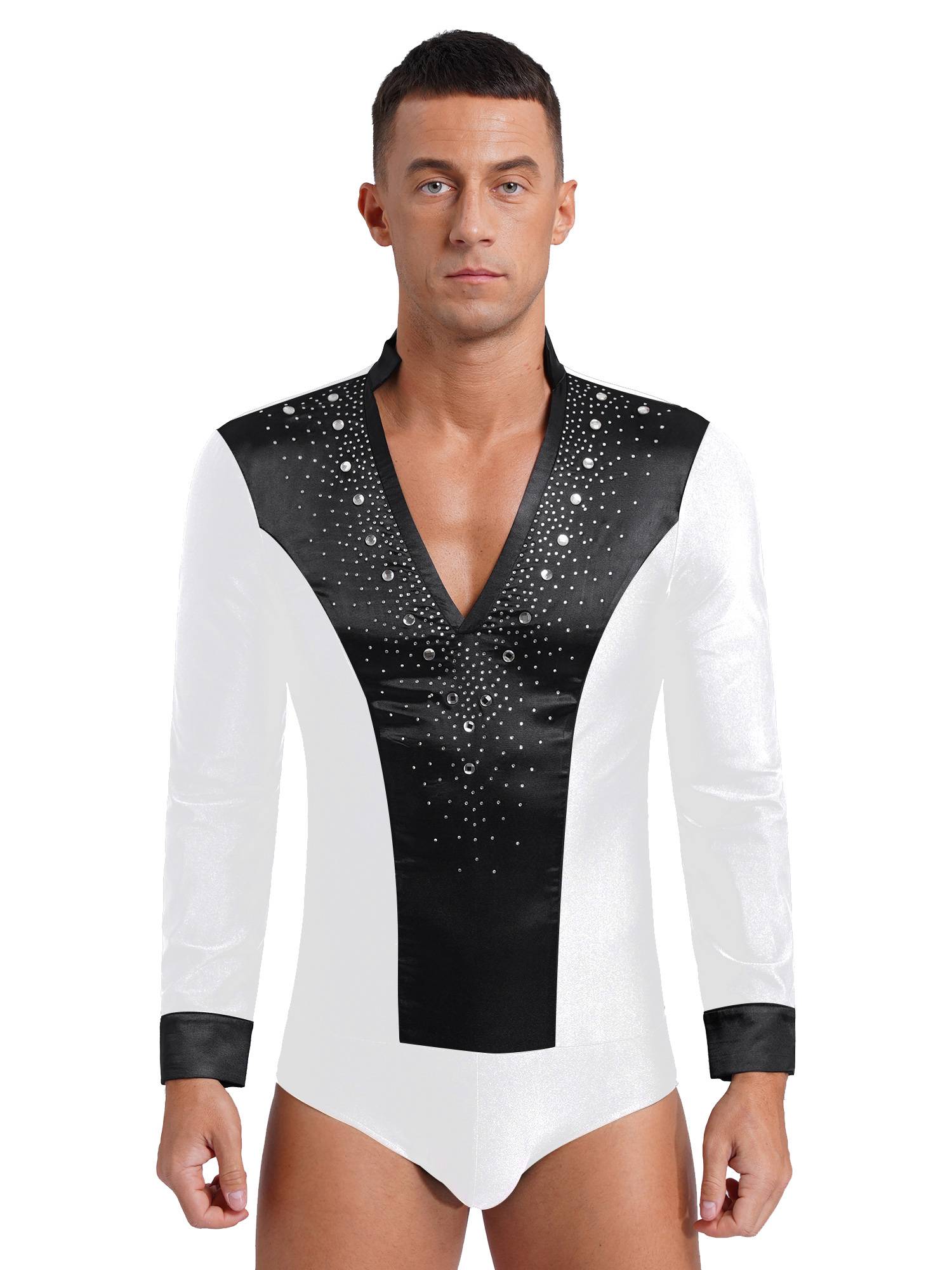 Men V Neck Long Sleeve Satin Patchwork Leotard for Latin Dance Figure Skating