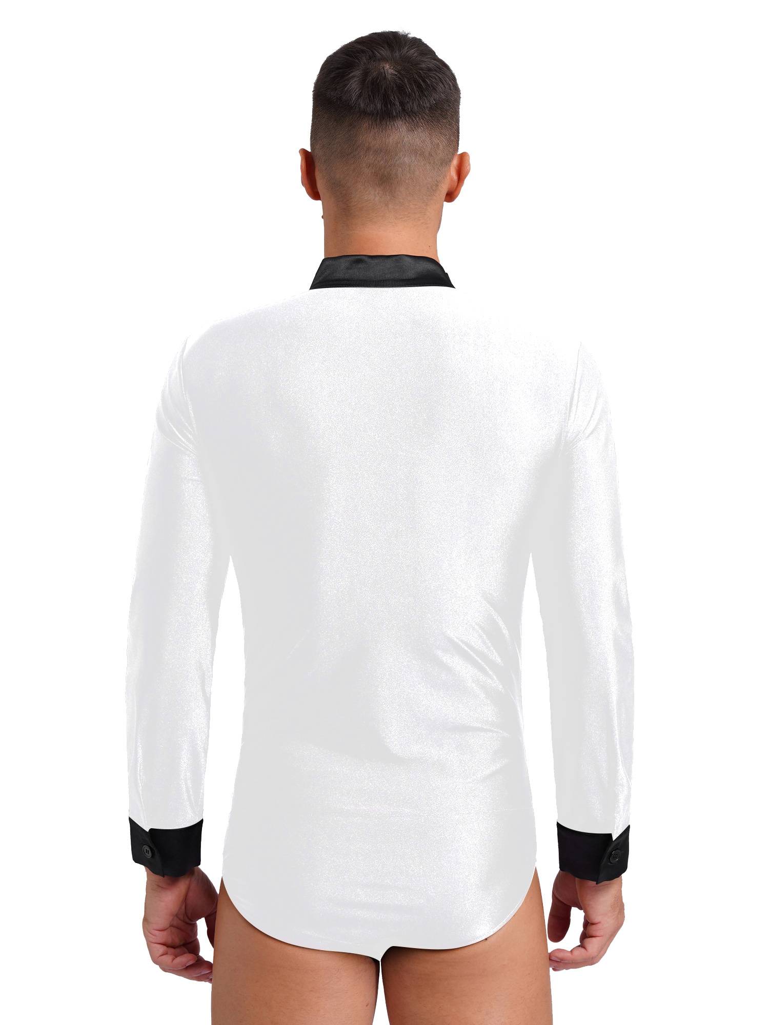 Men V Neck Long Sleeve Satin Patchwork Leotard for Latin Dance Figure Skating