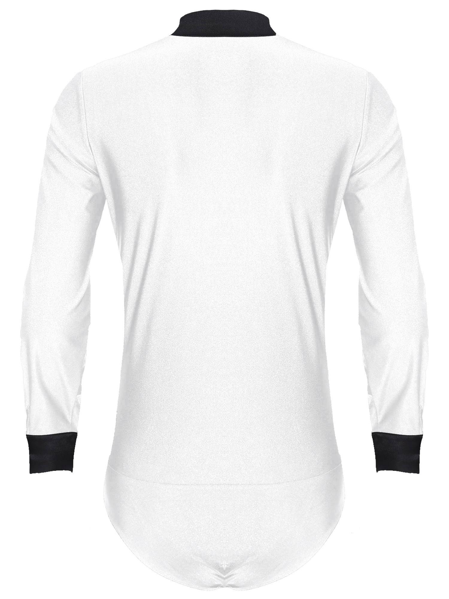 Men V Neck Long Sleeve Satin Patchwork Leotard for Latin Dance Figure Skating