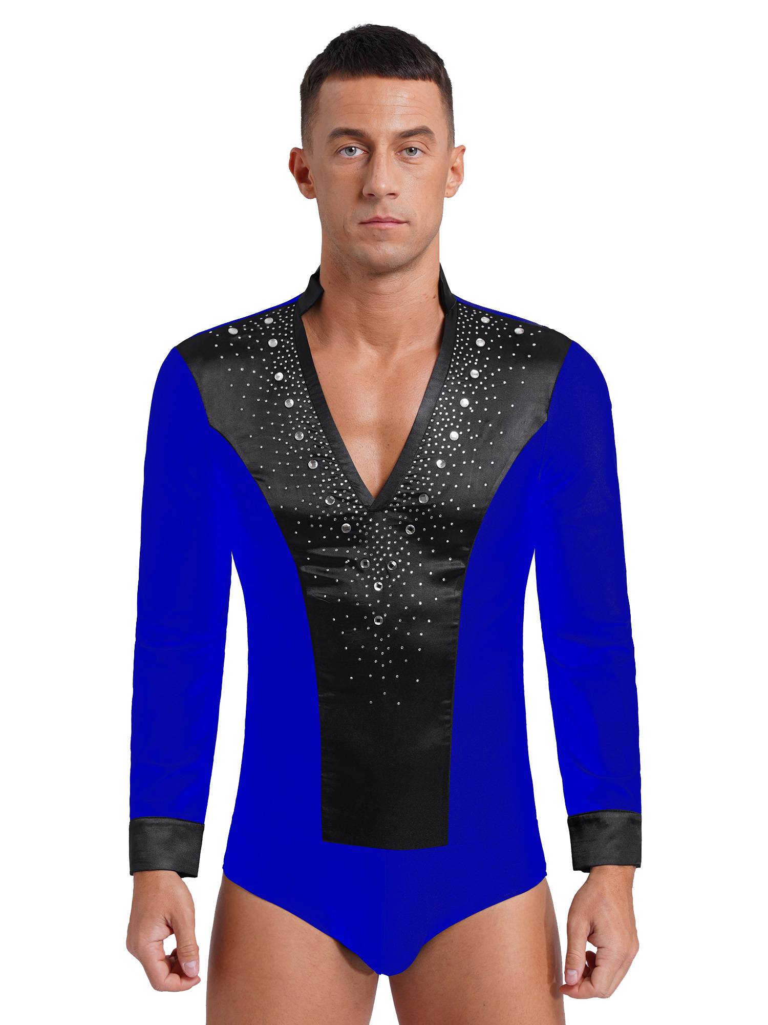 Men V Neck Long Sleeve Satin Patchwork Leotard for Latin Dance Figure Skating