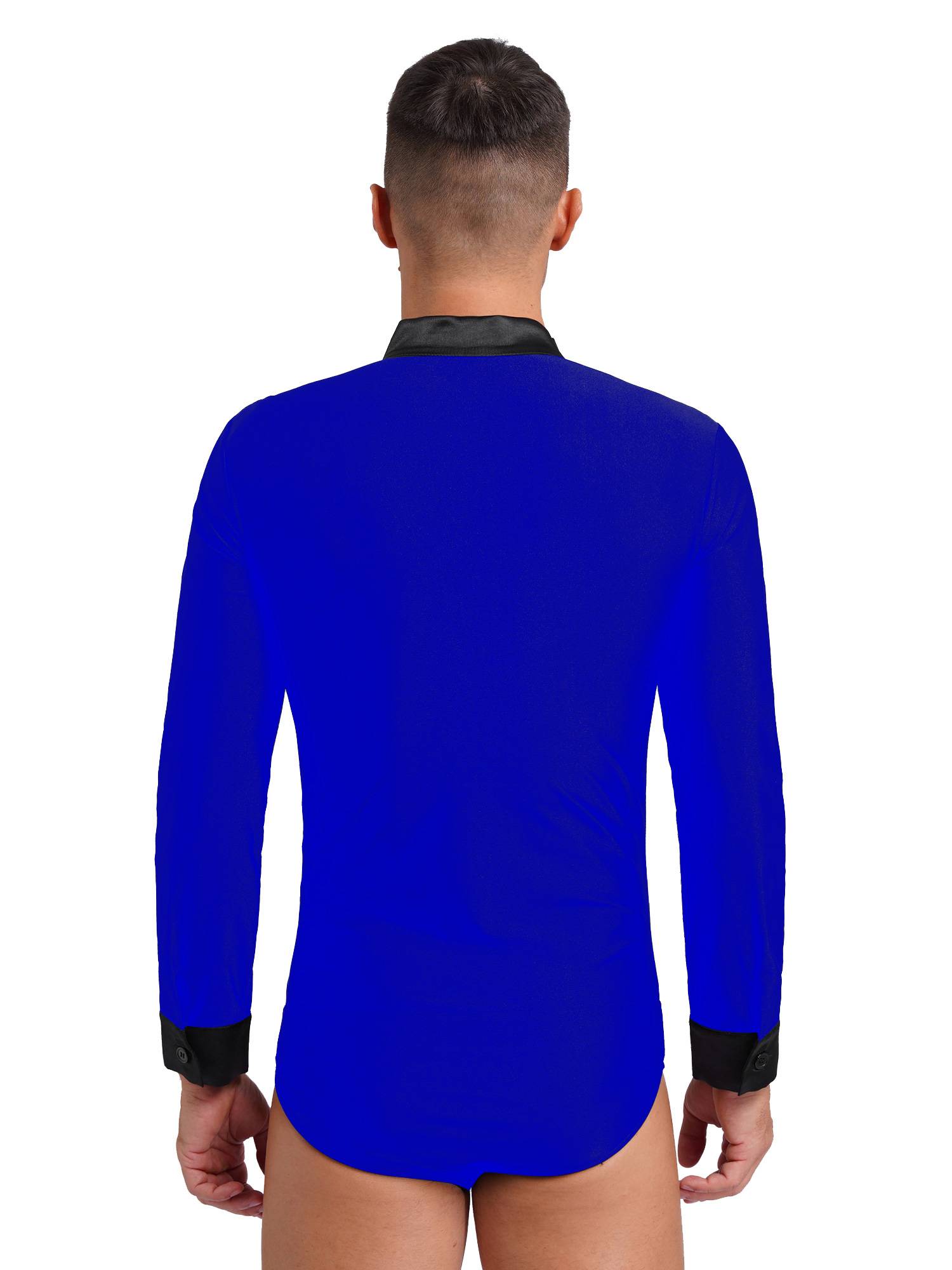 Men V Neck Long Sleeve Satin Patchwork Leotard for Latin Dance Figure Skating