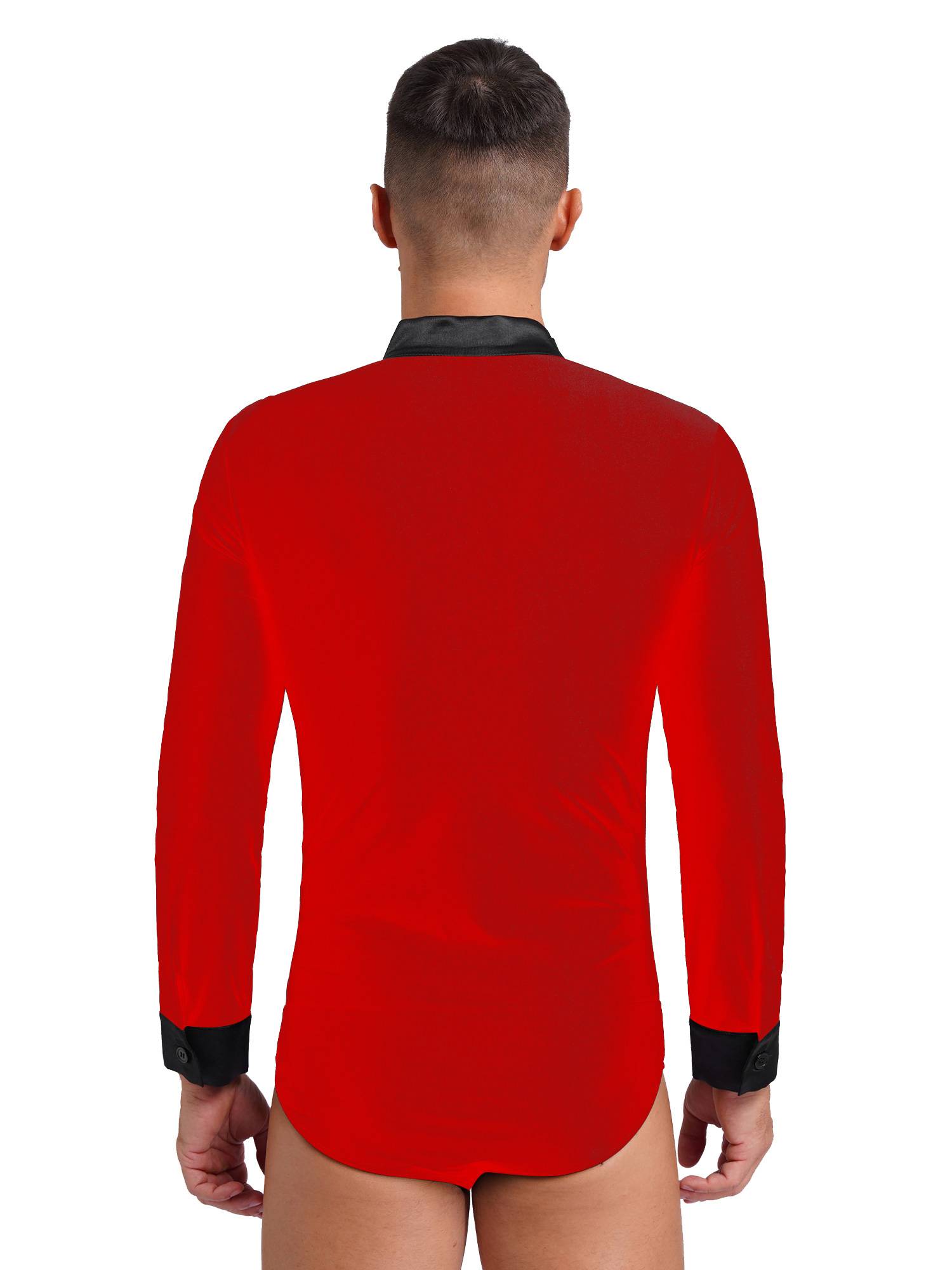 Men V Neck Long Sleeve Satin Patchwork Leotard for Latin Dance Figure Skating