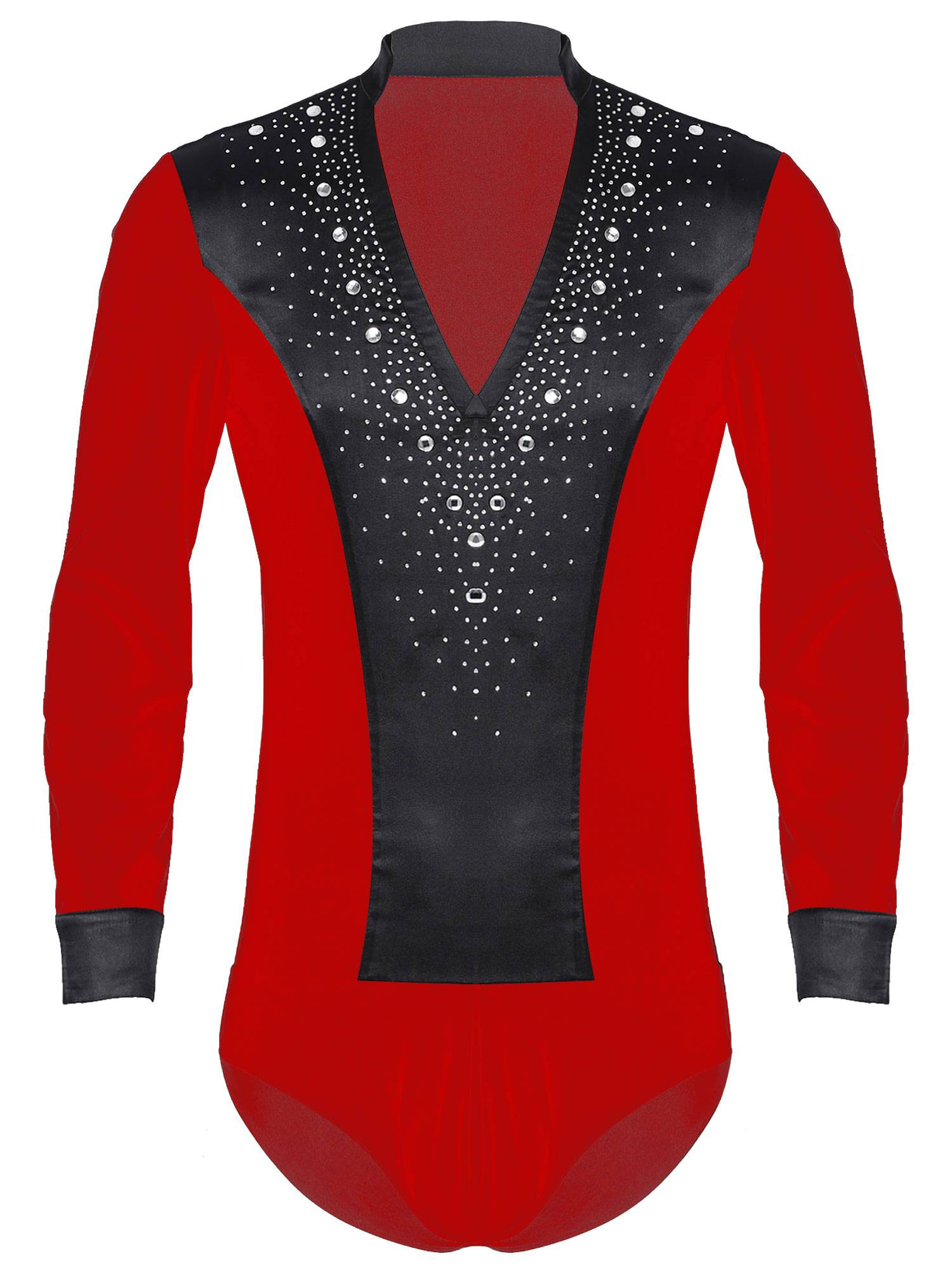 Men V Neck Long Sleeve Satin Patchwork Leotard for Latin Dance Figure Skating