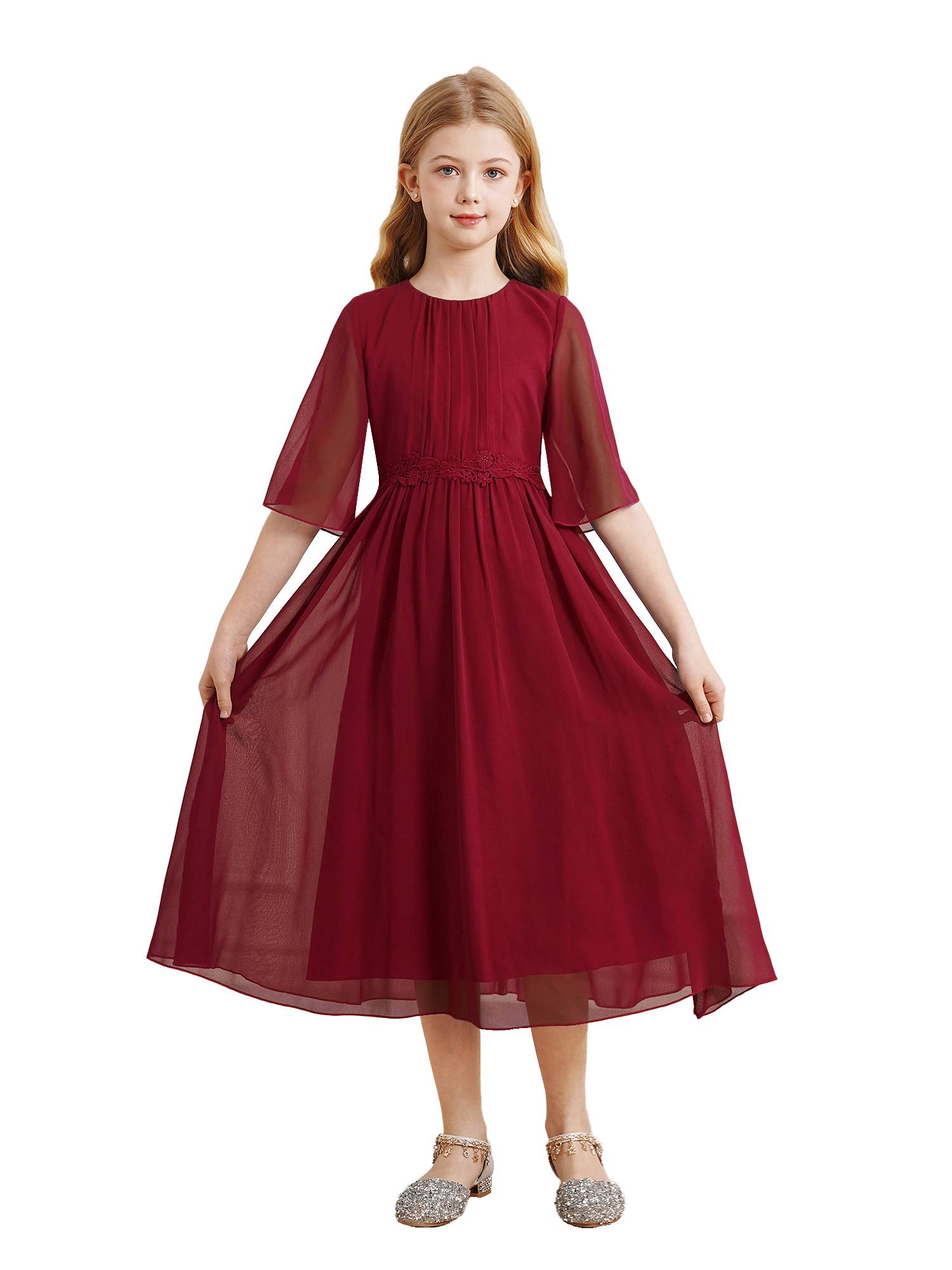 Kids Girls Chiffon Flare Sleeve A-Line Junior Bridesmaid Dress
