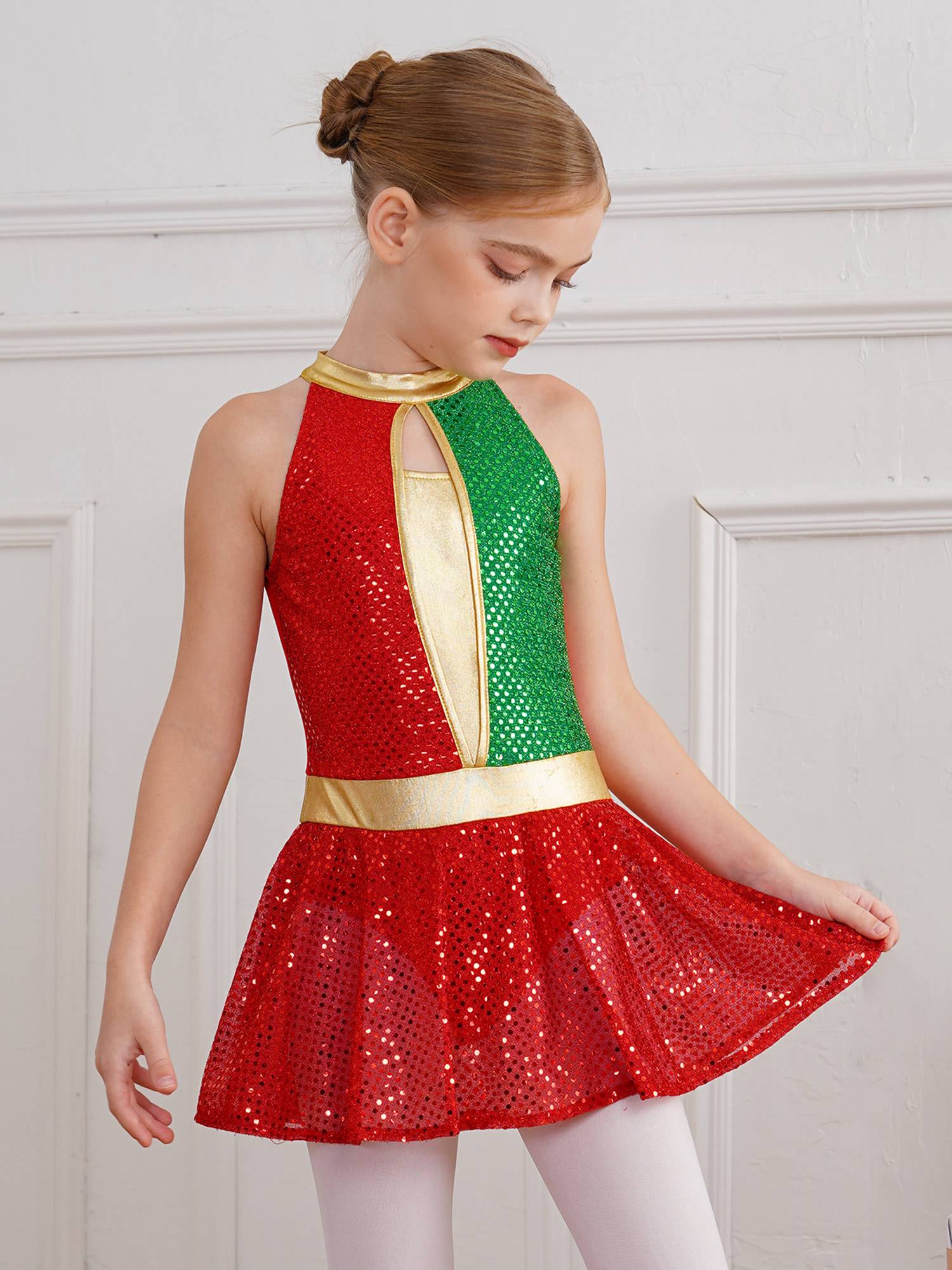 Kids Girls Christmas Halter Neck Sleeveless Sequins Latin Dance Leotard Dress