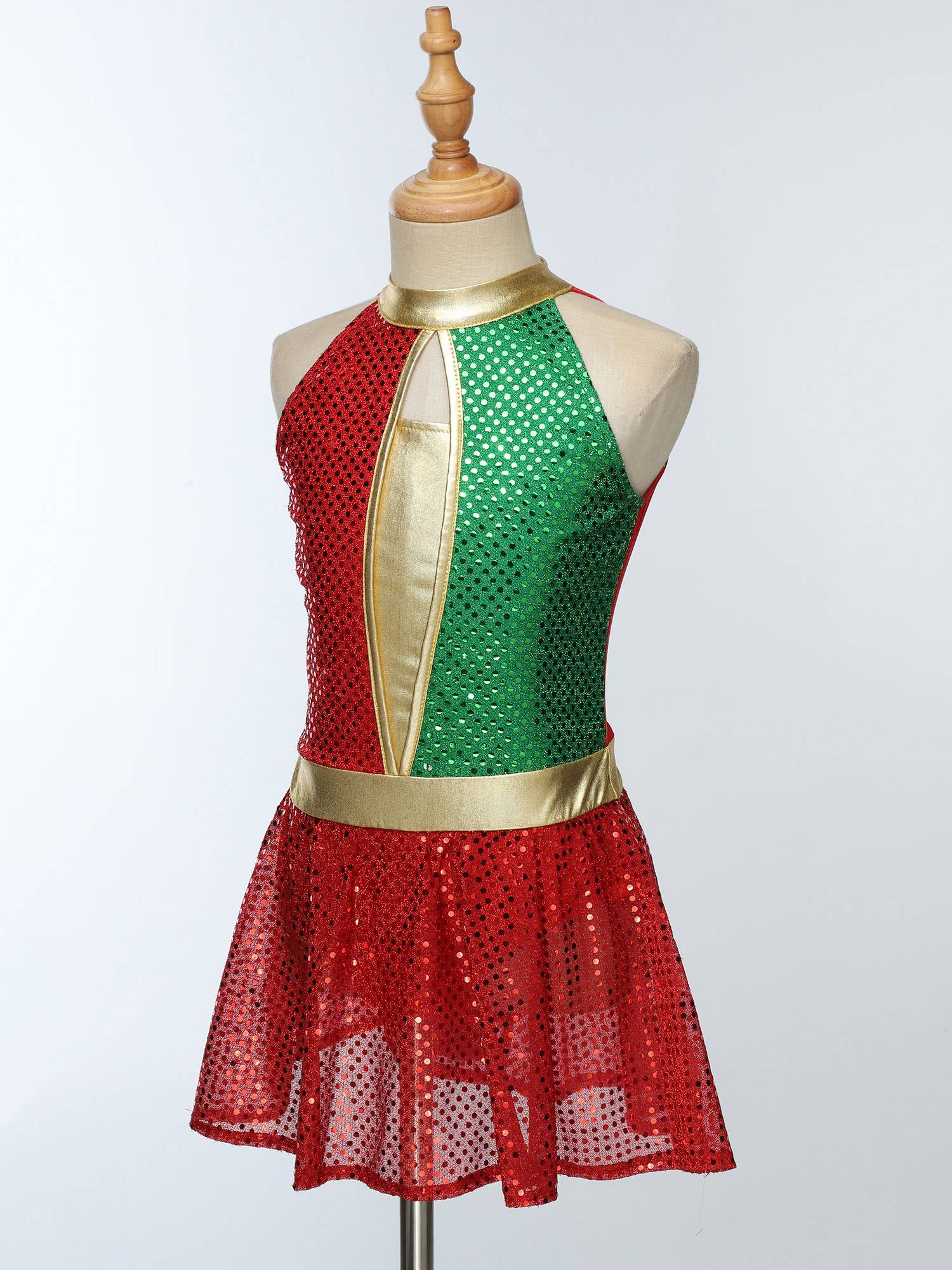 Kids Girls Christmas Halter Neck Sleeveless Sequins Latin Dance Leotard Dress