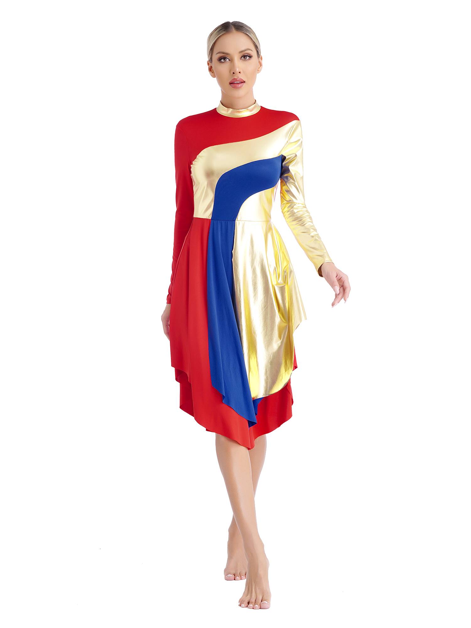Women Long Sleeve Colorblock Liturgical Worship Dance Dresses