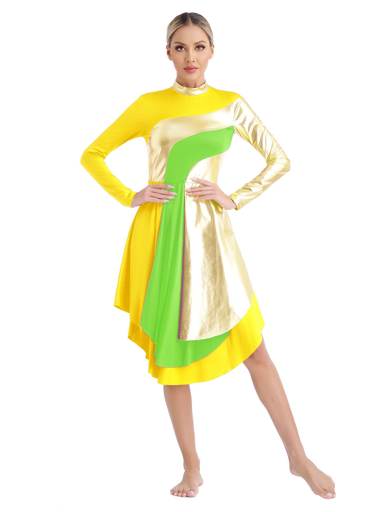 Women Long Sleeve Colorblock Liturgical Worship Dance Dresses